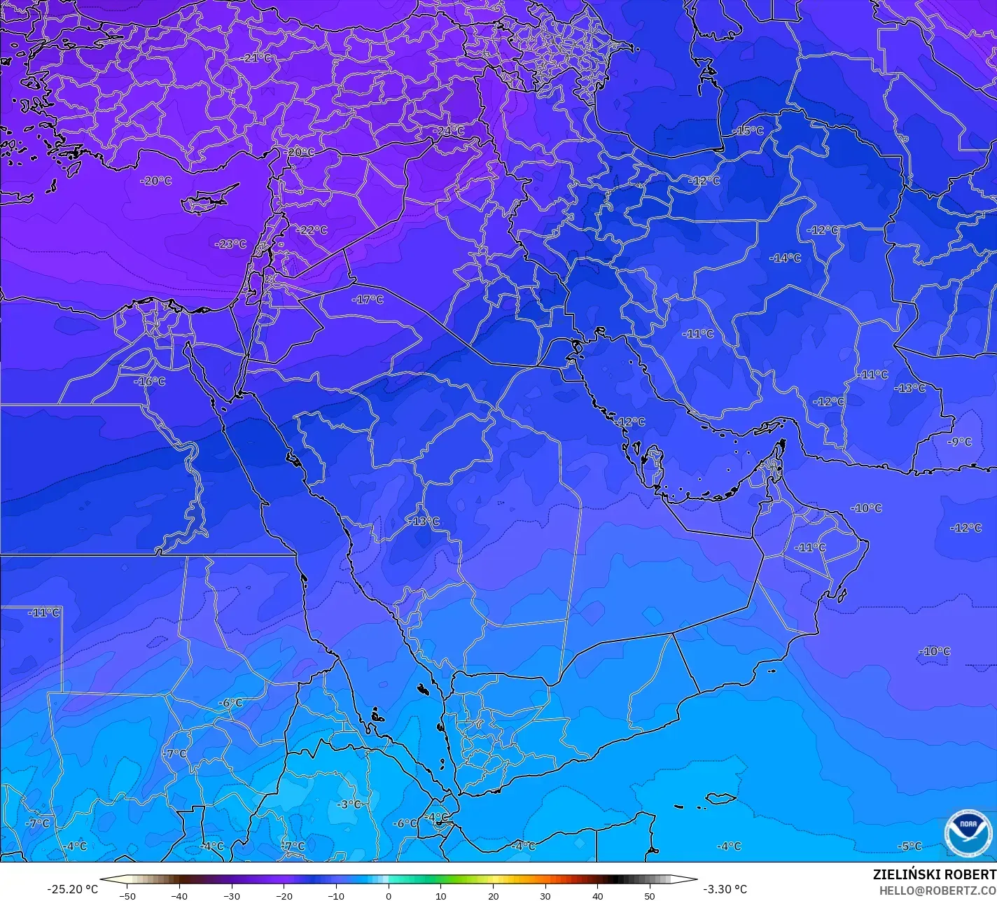 GFS modelo - Oriente Médio, Temperatura a 500 hPa