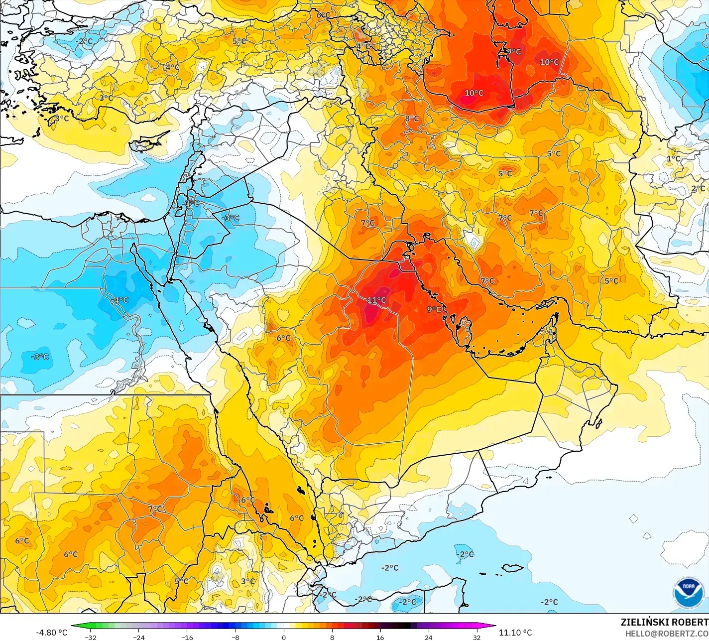 GFS modelo - Oriente Médio, Anomalia de temperatura a 850 hPa