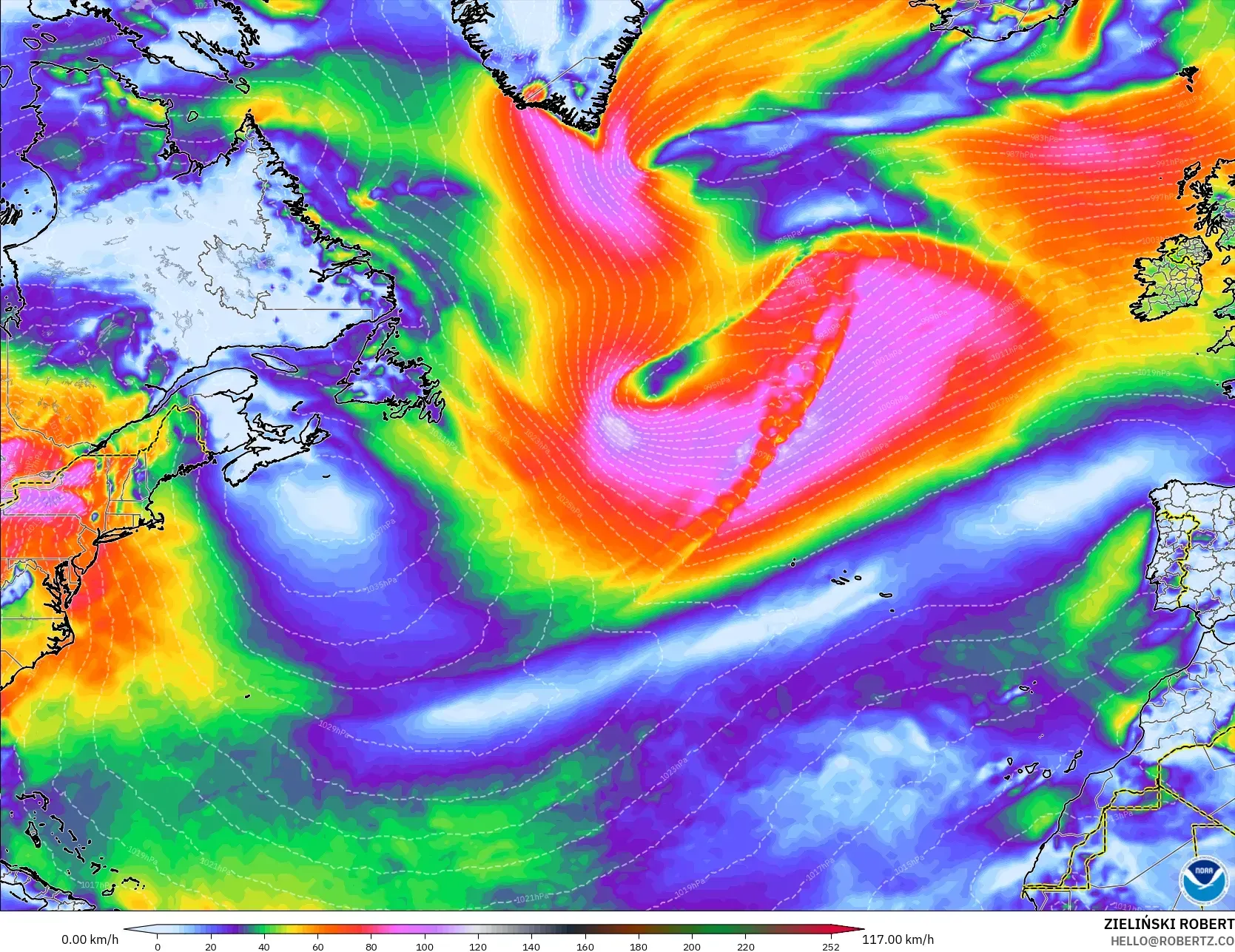 GFS modelo - Atlântico Norte, Rajadas de Vento Máximas