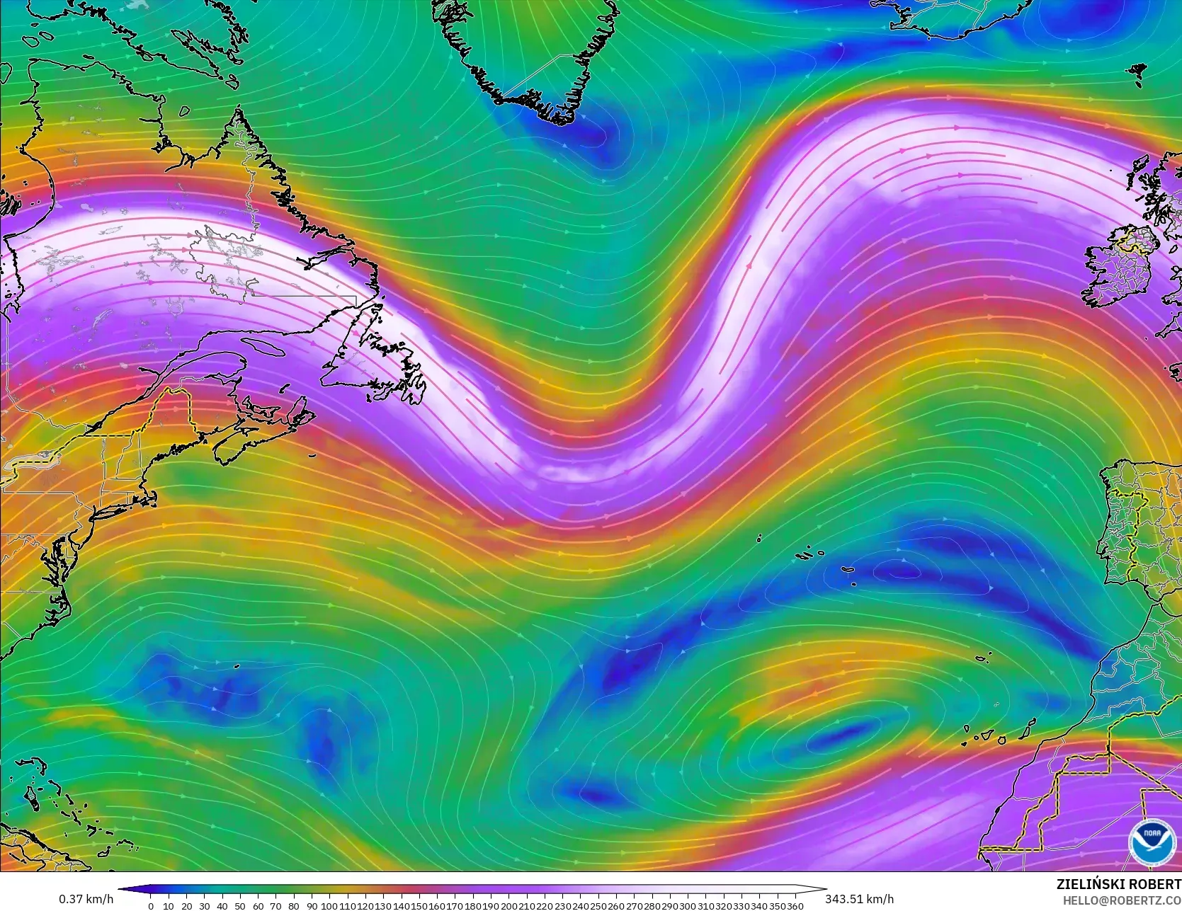 GFS modelo - Atlântico Norte, Vento a 300 hPa (corrente em jato)
