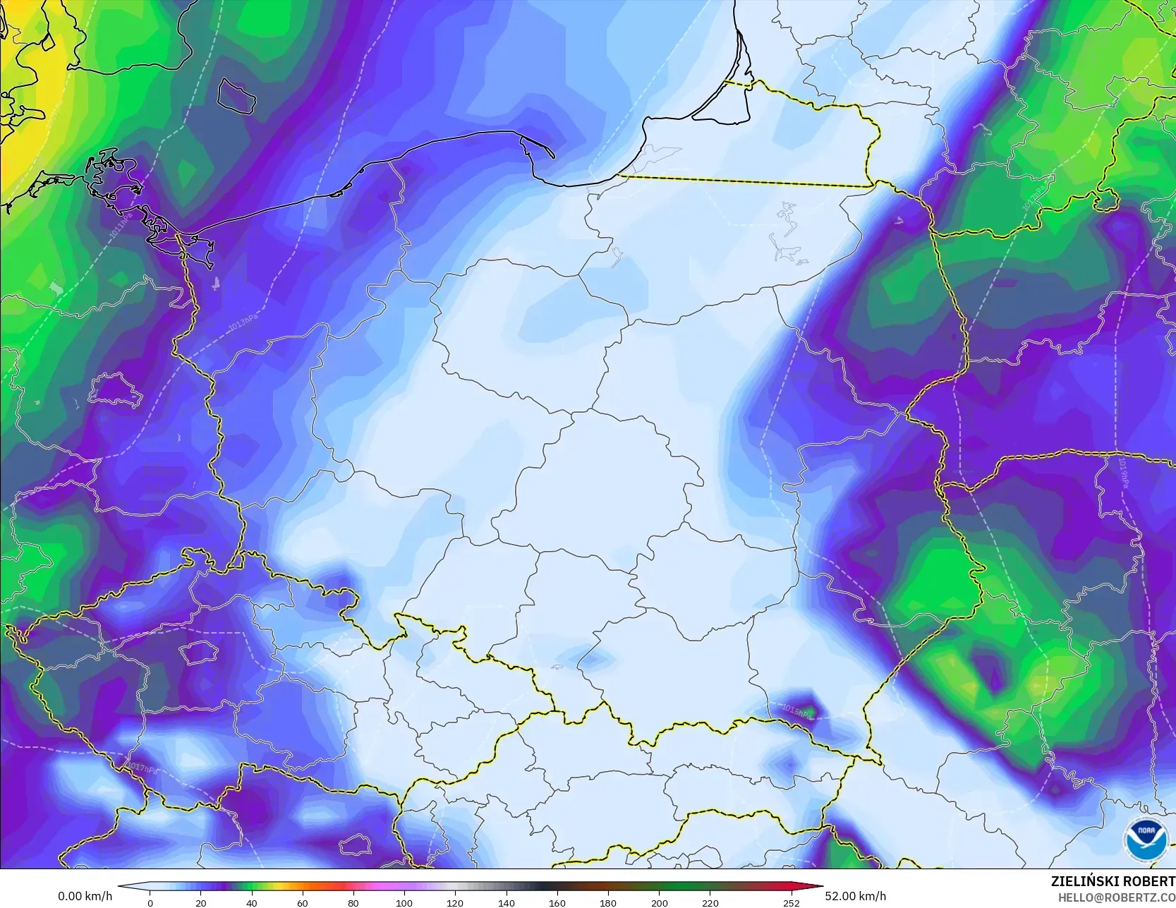 GFS modelo - Polônia, Rajadas de Vento Máximas