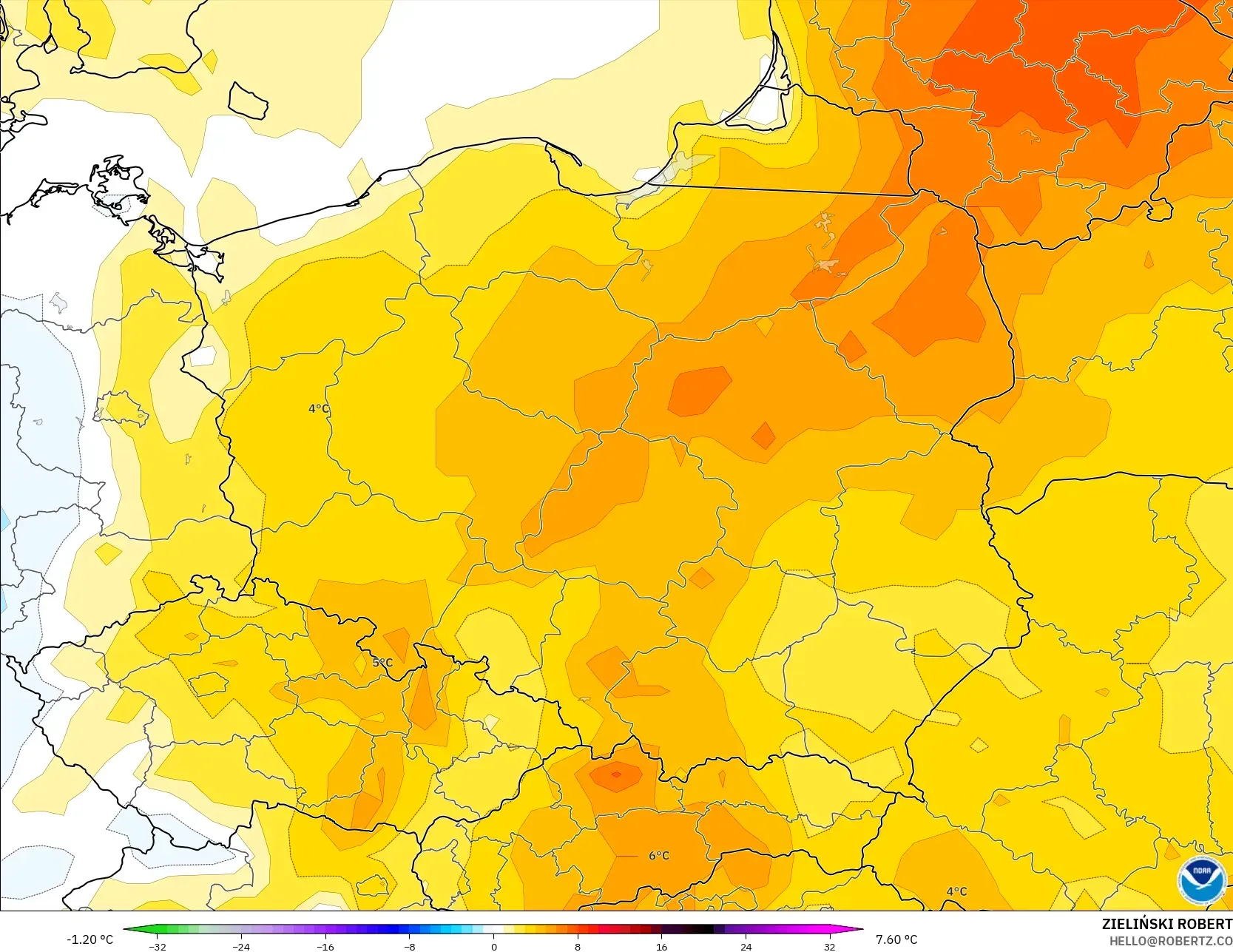 GFS modelo - Polônia, Anomalia de temperatura a 2 m