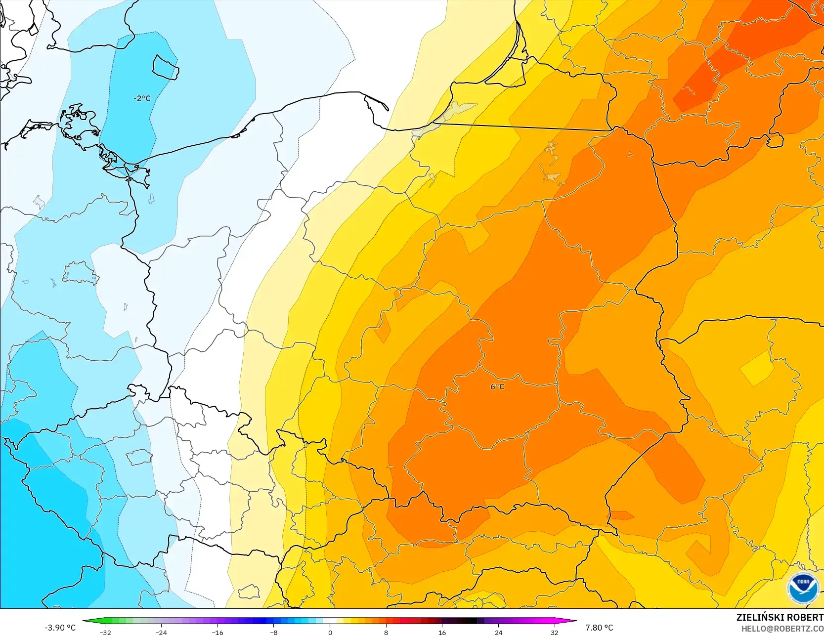 GFS modelo - Polônia, Anomalia de temperatura a 850 hPa