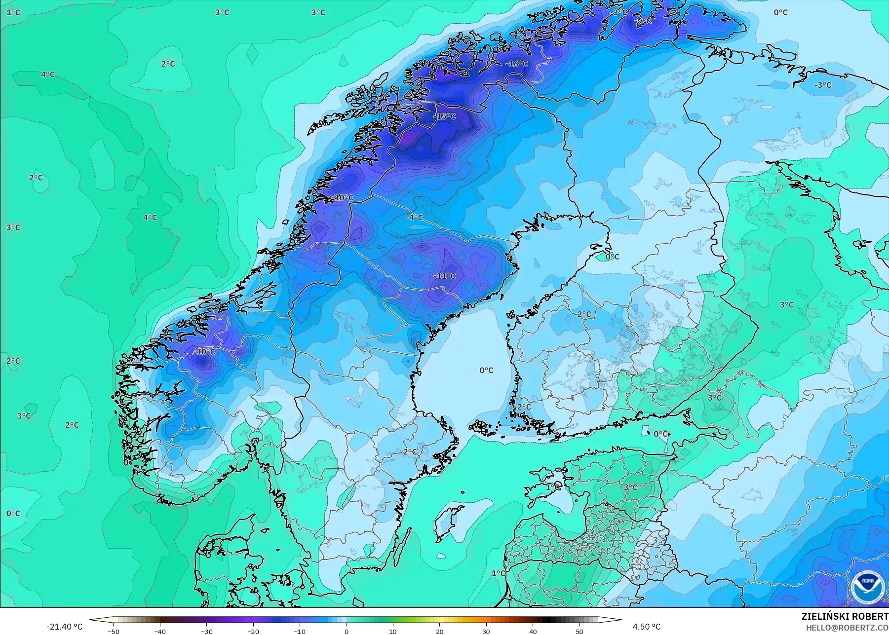 GFS modelo - Escandinávia, Ponto de orvalho a 2 m