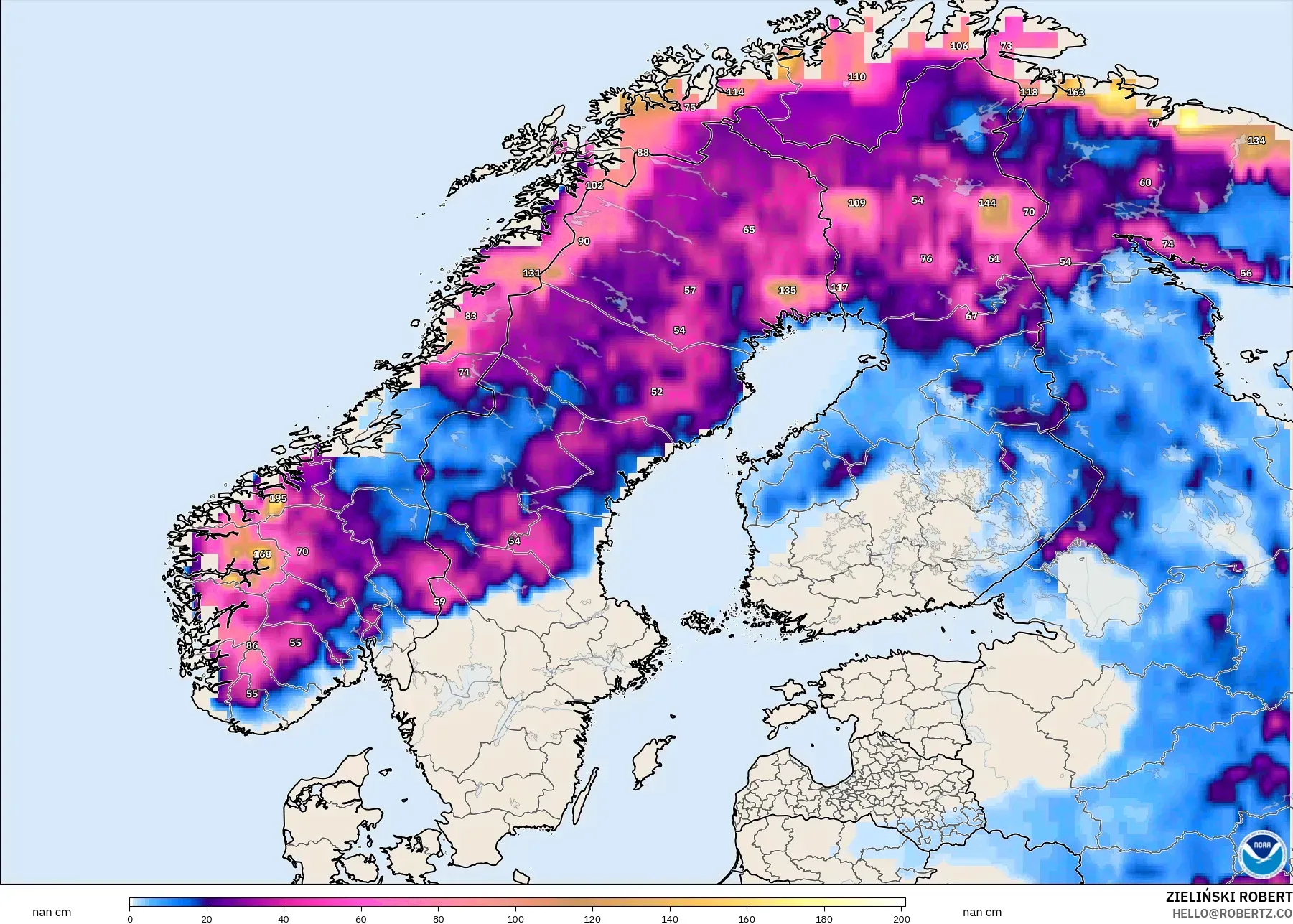 GFS modelo - Escandinávia, Profundidade da neve