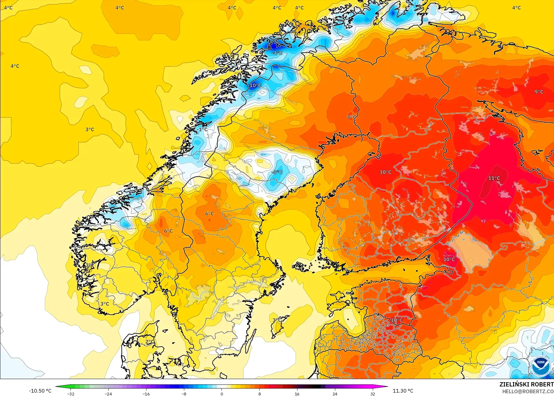 GFS modelo - Escandinávia, Anomalia de temperatura a 2 m