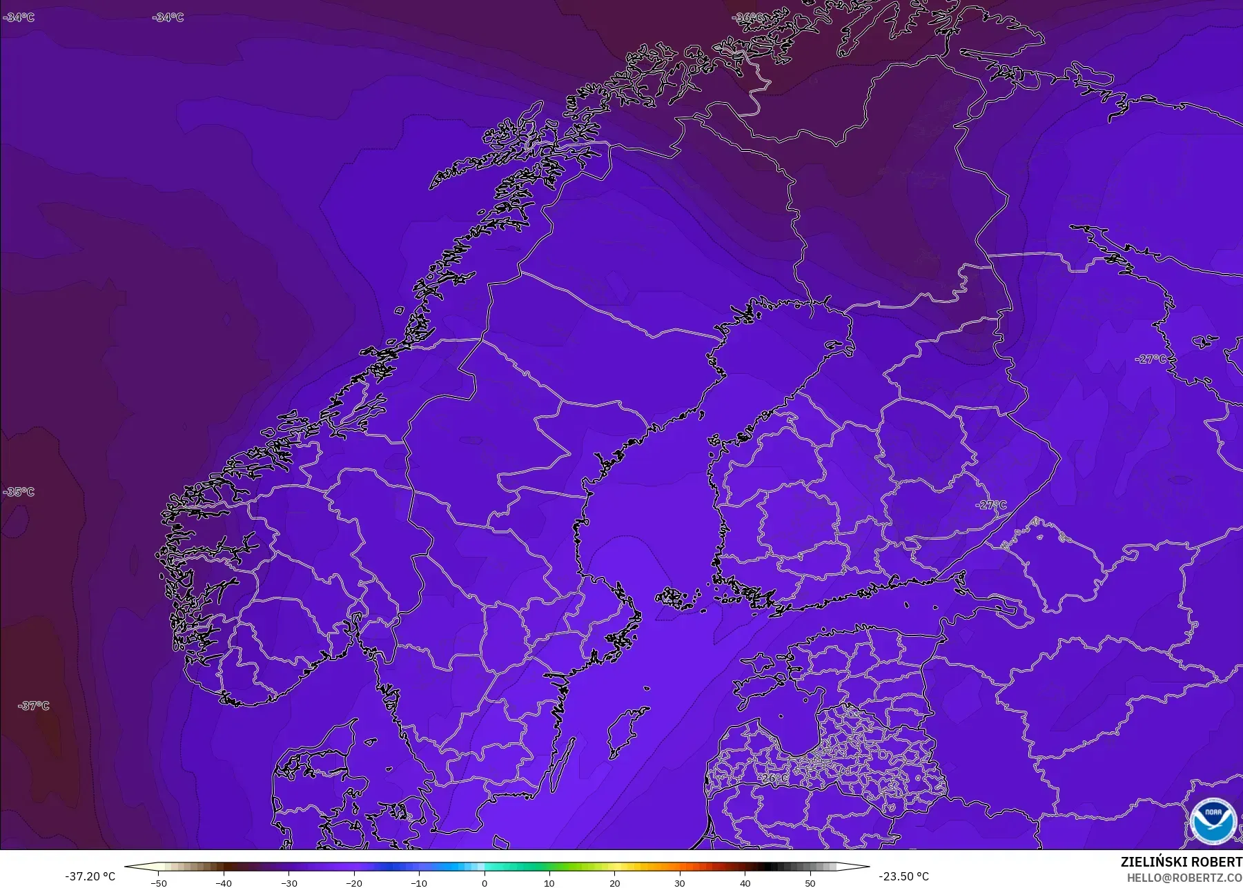 GFS modelo - Escandinávia, Temperatura a 500 hPa