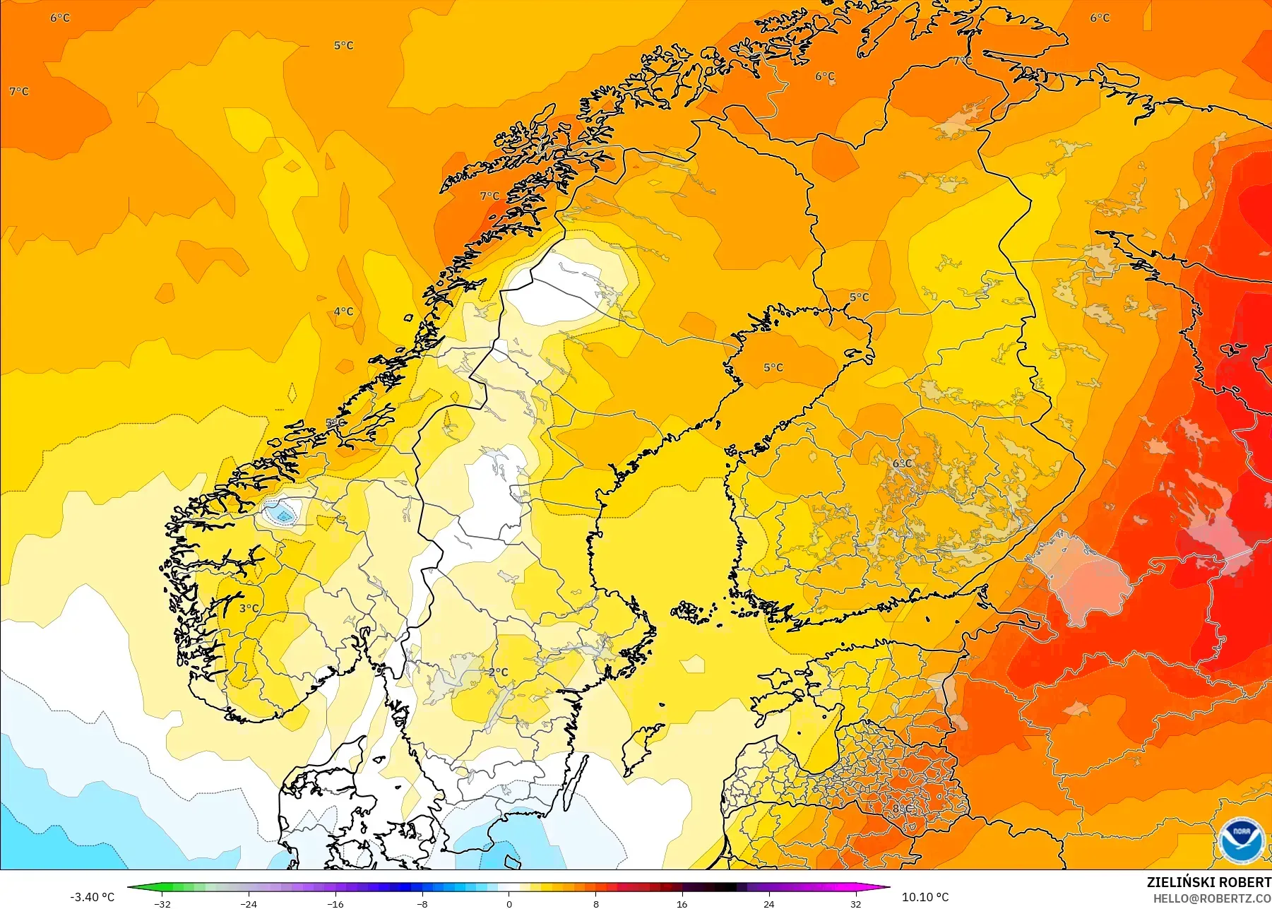 GFS modelo - Escandinávia, Anomalia de temperatura a 850 hPa