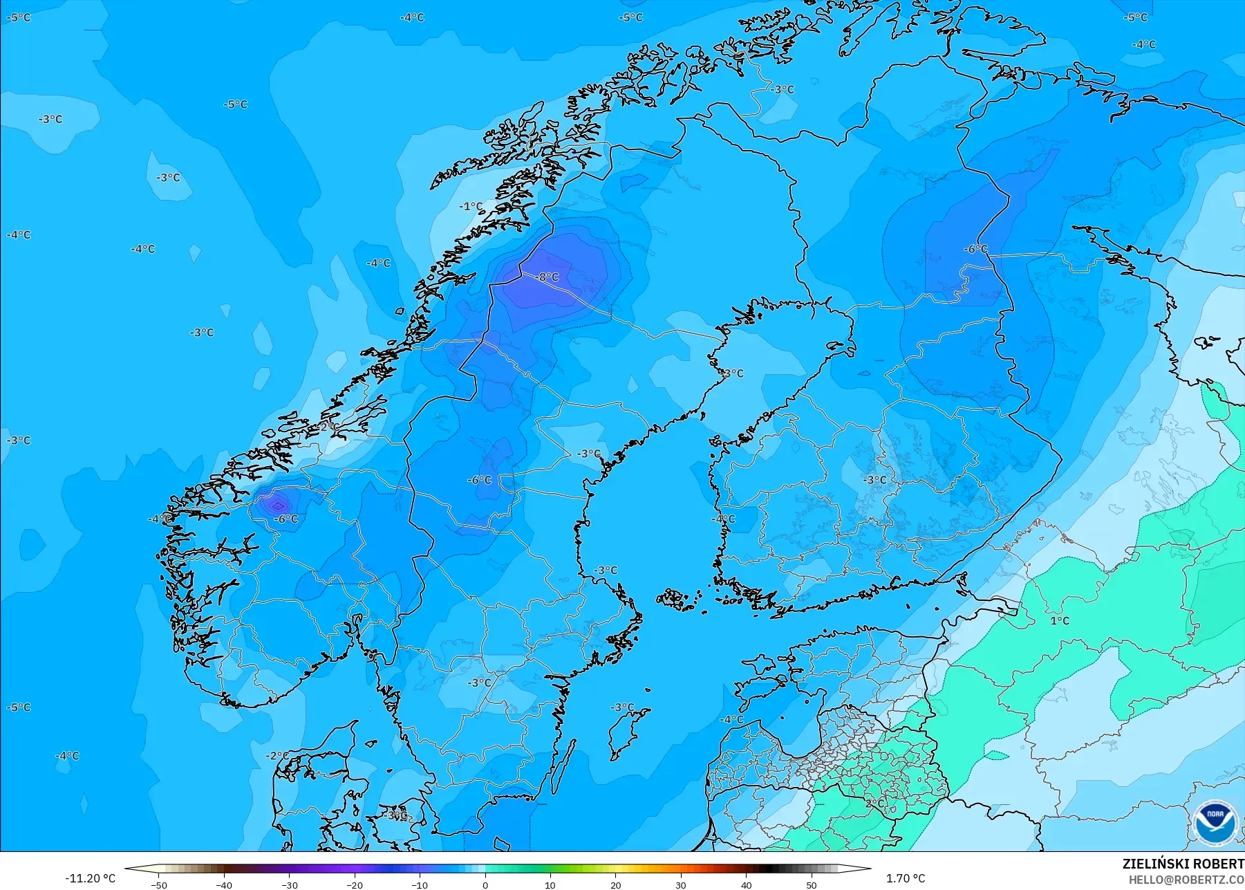 GFS modelo - Escandinávia, Temperatura a 850 hPa