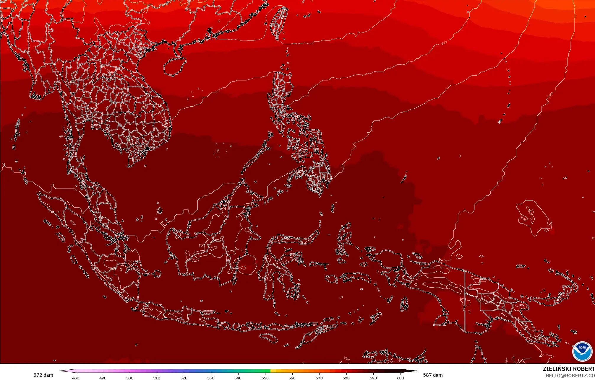 GFS modelo - Sudeste Asiático, Altura geopotencial a 500 hPa