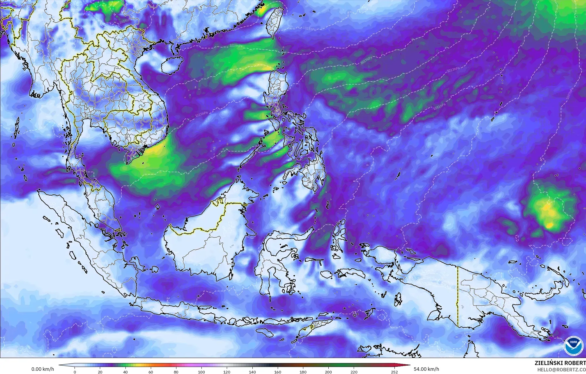 GFS modelo - Sudeste Asiático, Rajadas de vento