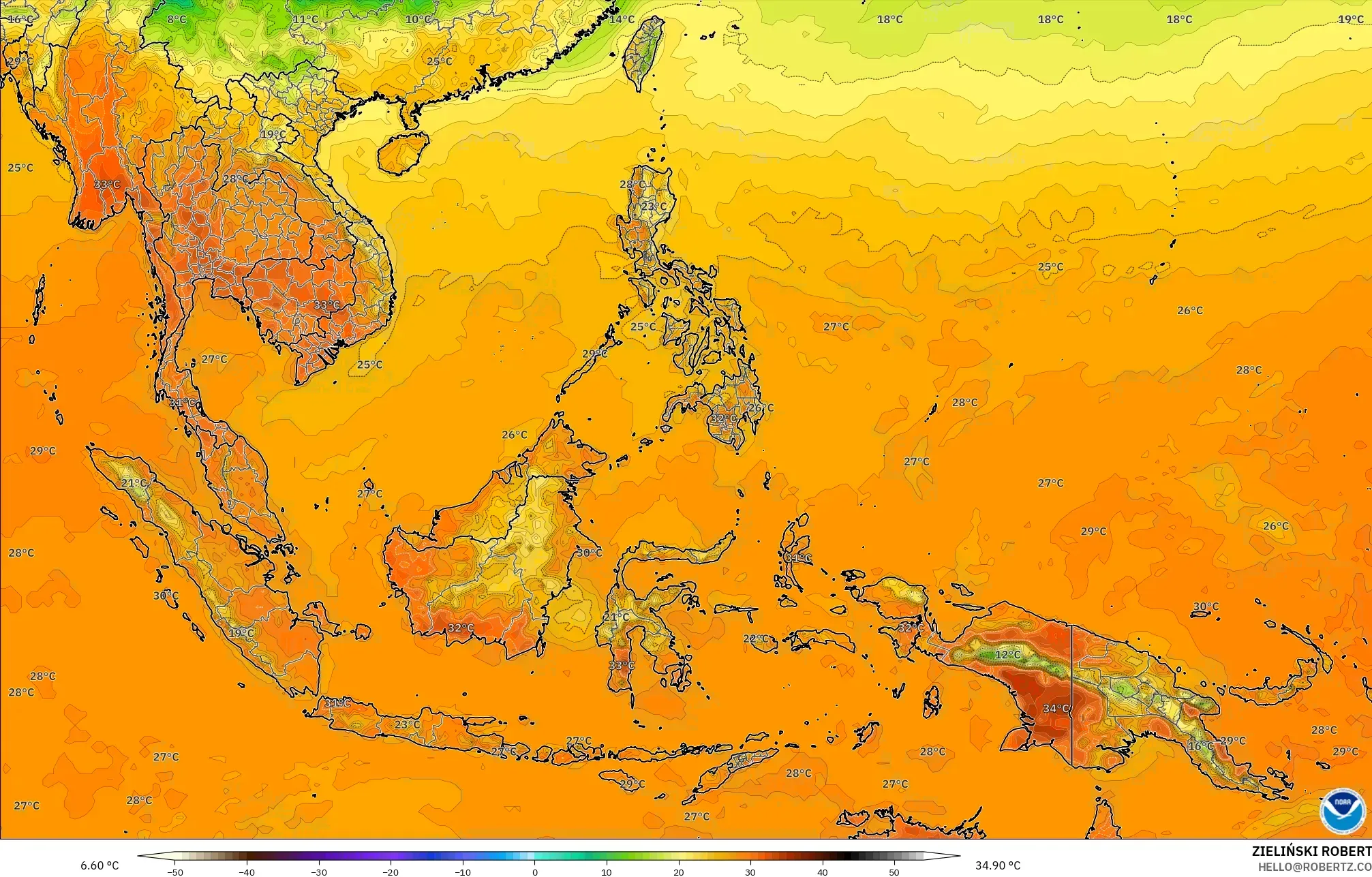 GFS modelo - Sudeste Asiático, Temperatura a 2 m