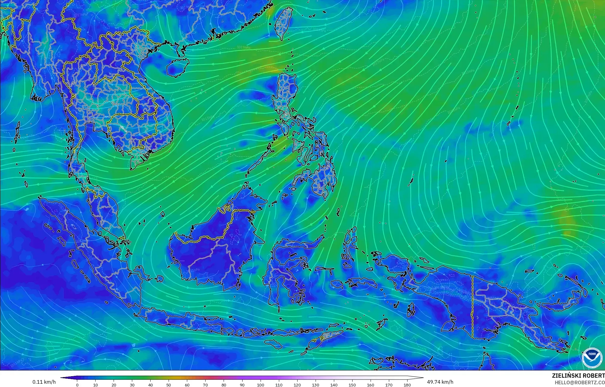 GFS modelo - Sudeste Asiático, Vento a 10 m
