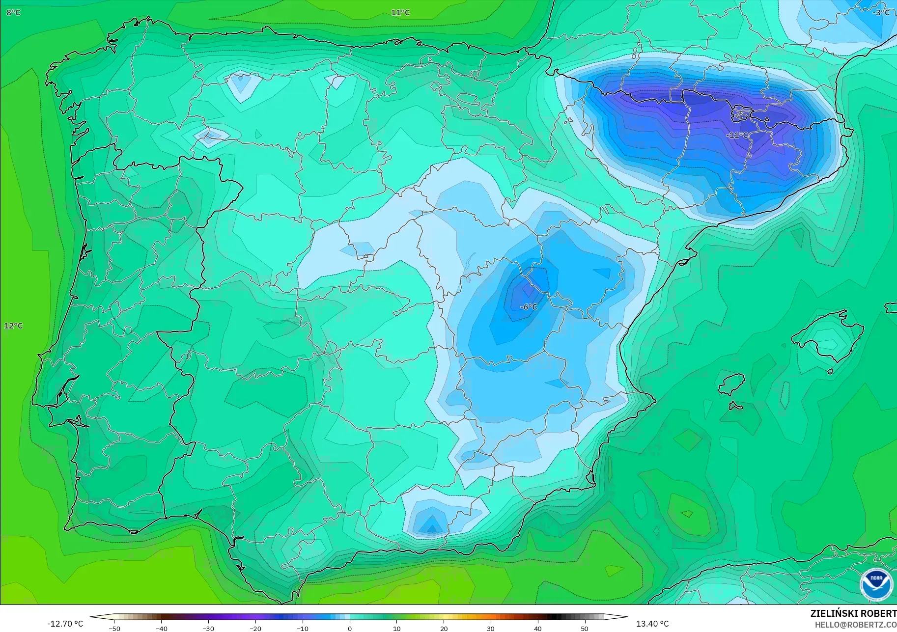 GFS modelo - Espanha, Ponto de orvalho a 2 m
