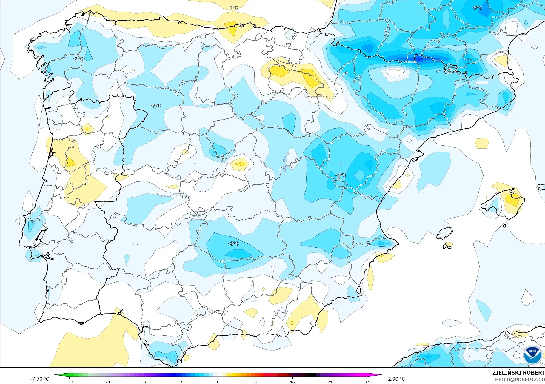 GFS modelo - Espanha, Anomalia de temperatura a 2 m