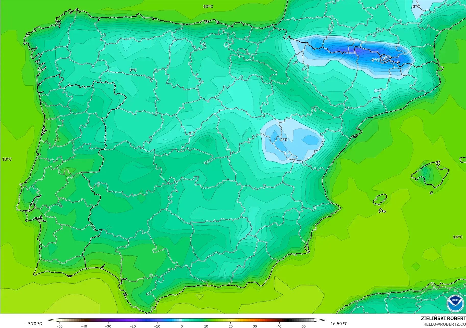 GFS modelo - Espanha, Temperatura a 2 m