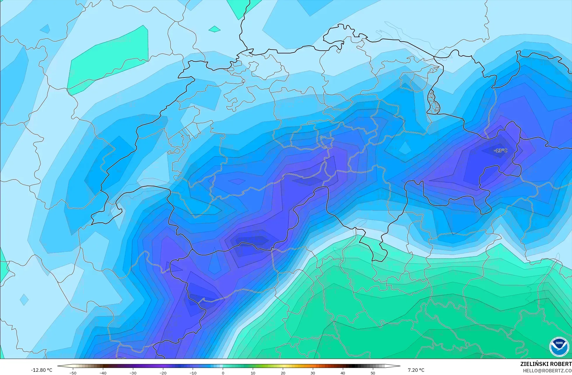 GFS modelo - Suíça, Ponto de orvalho a 2 m