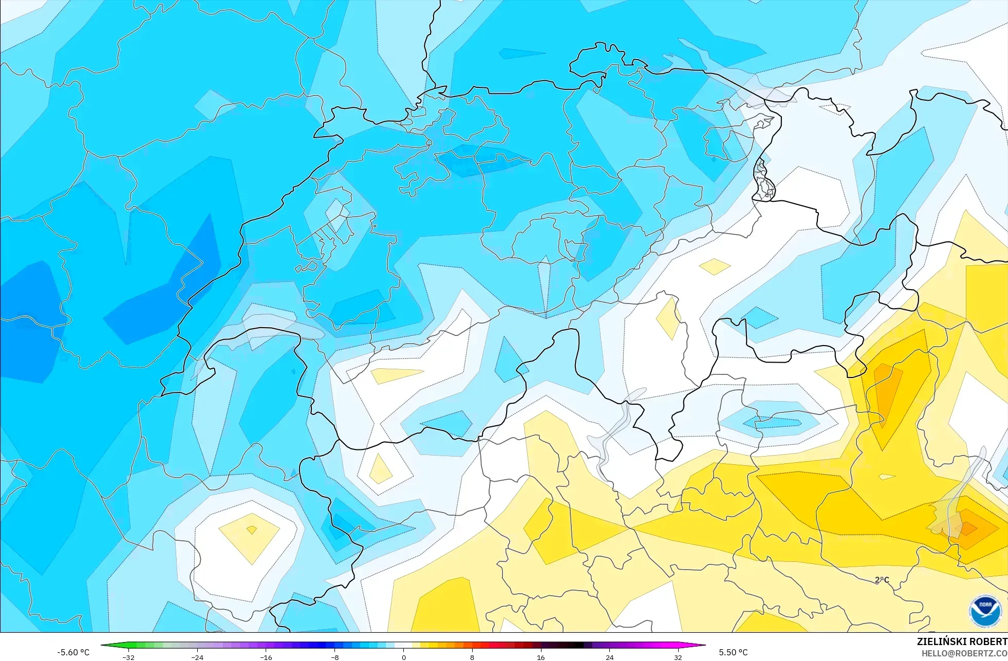 GFS modelo - Suíça, Anomalia de temperatura a 2 m
