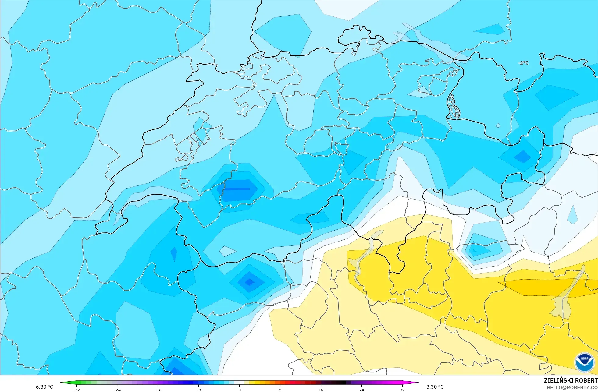 GFS modelo - Suíça, Anomalia de temperatura a 850 hPa