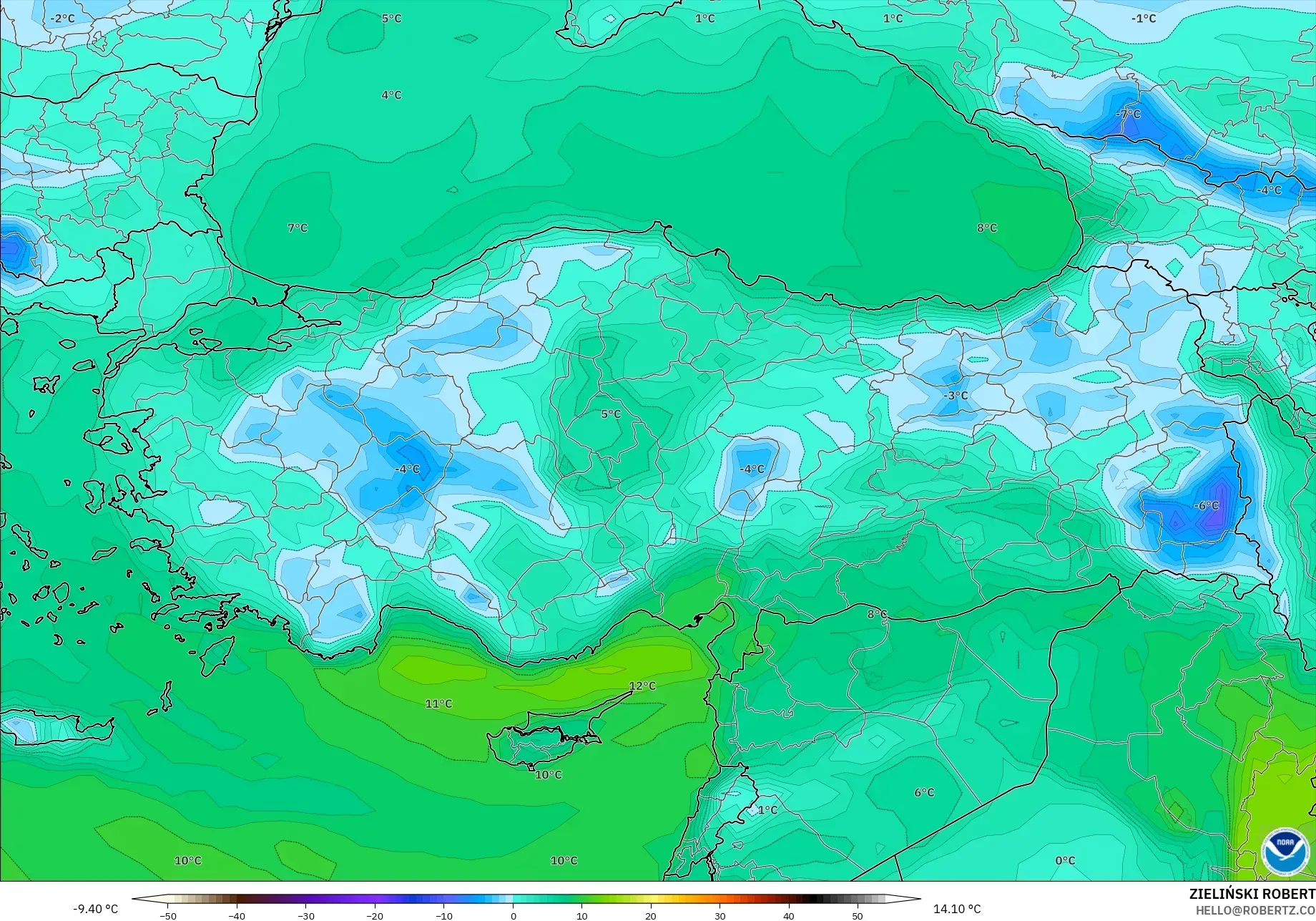 GFS modelo - Turquia, Ponto de orvalho a 2 m