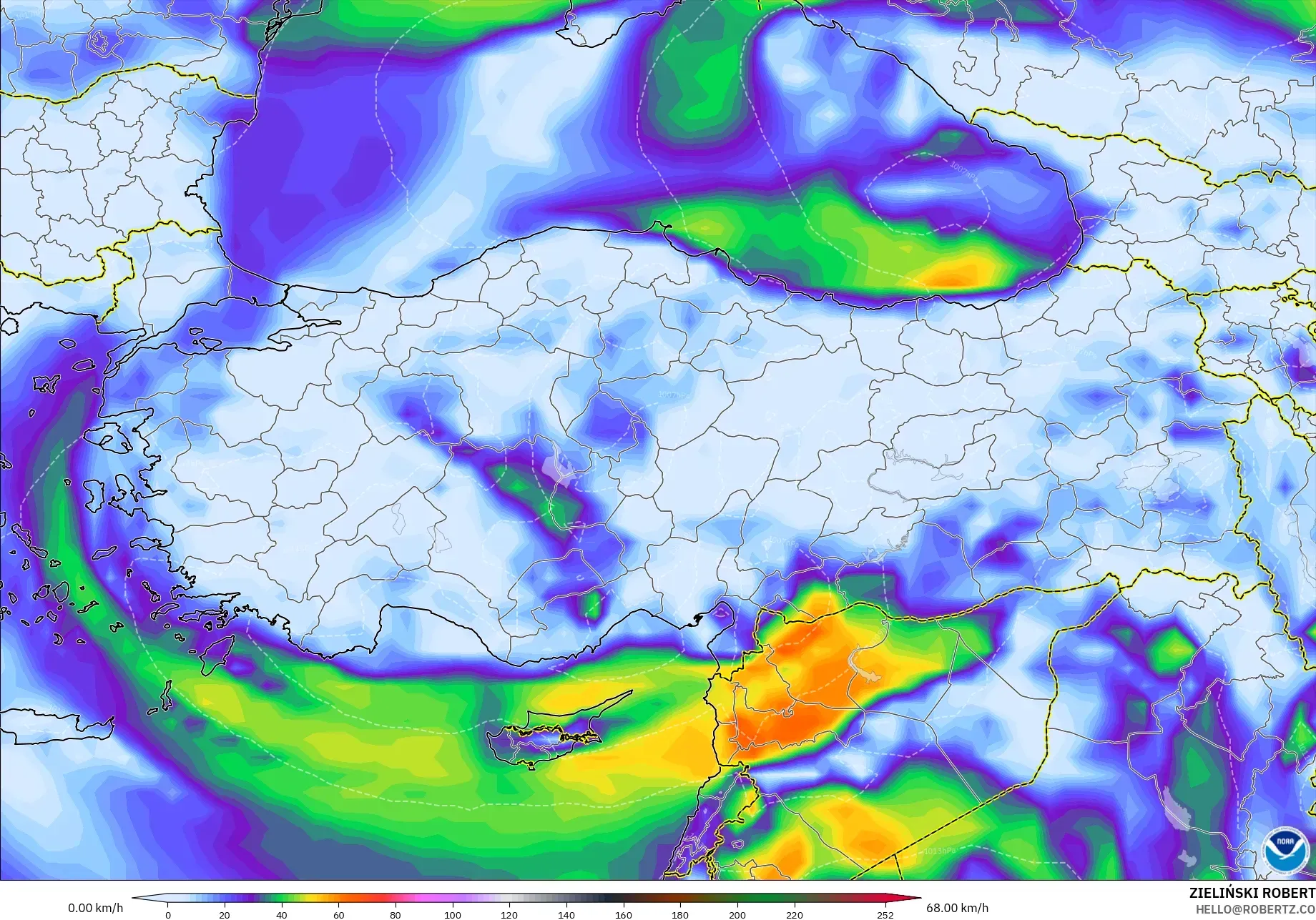 GFS modelo - Turquia, Rajadas de Vento Máximas