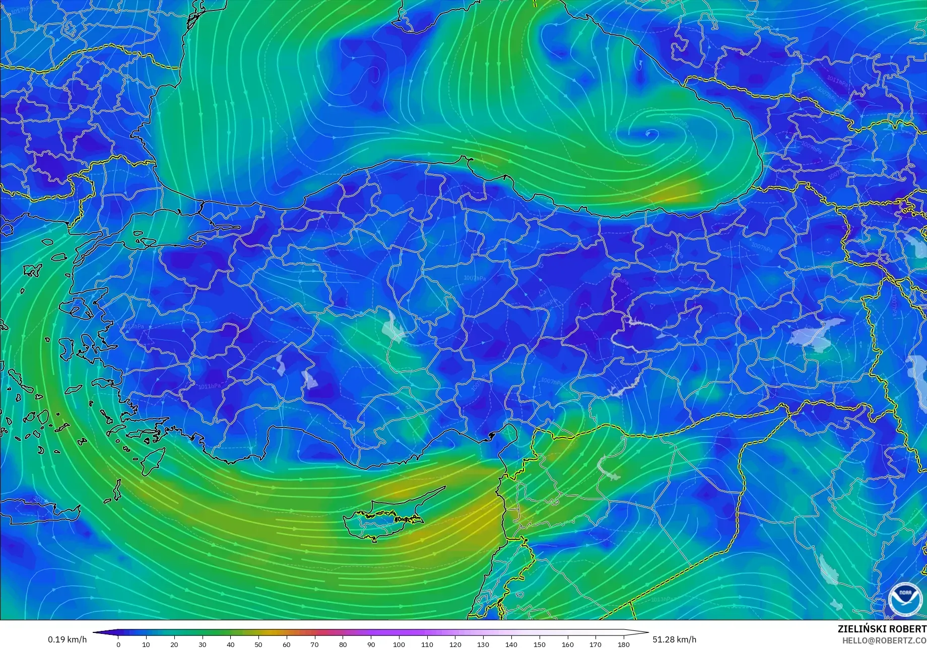 GFS modelo - Turquia, Vento a 10 m