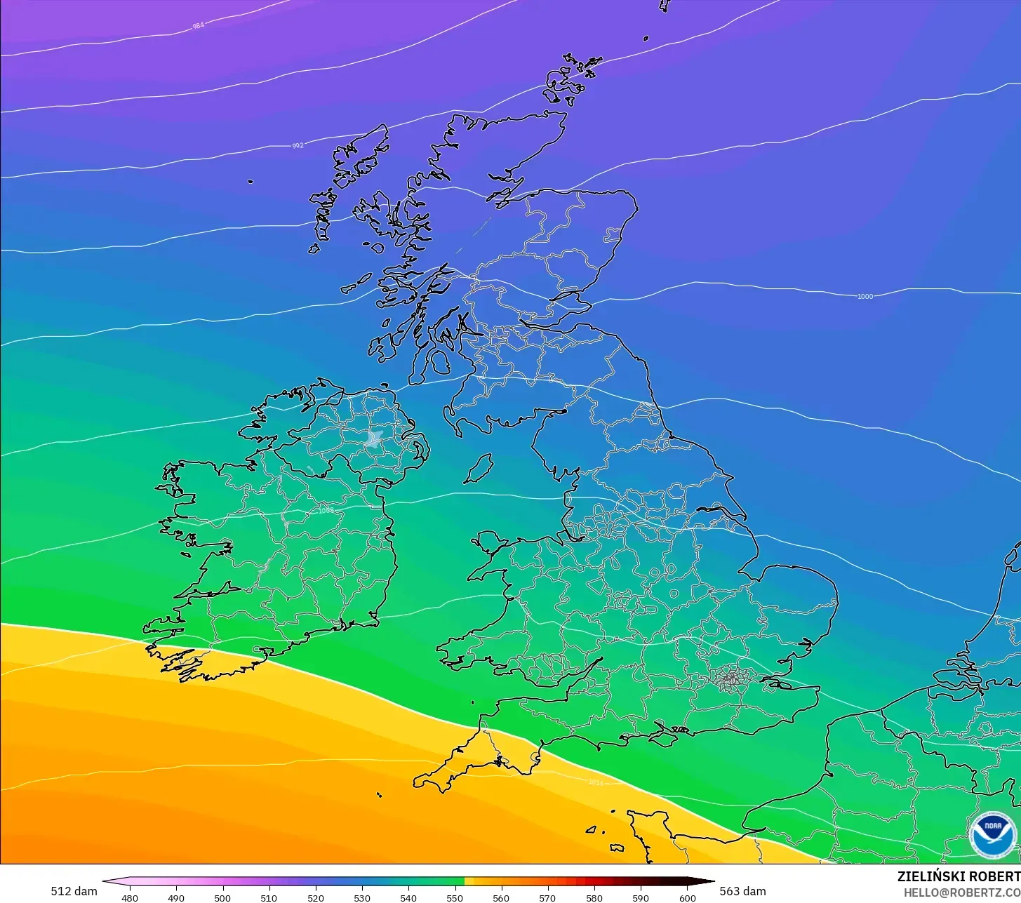 GFS modelo - Reino Unido, Altura geopotencial a 500 hPa