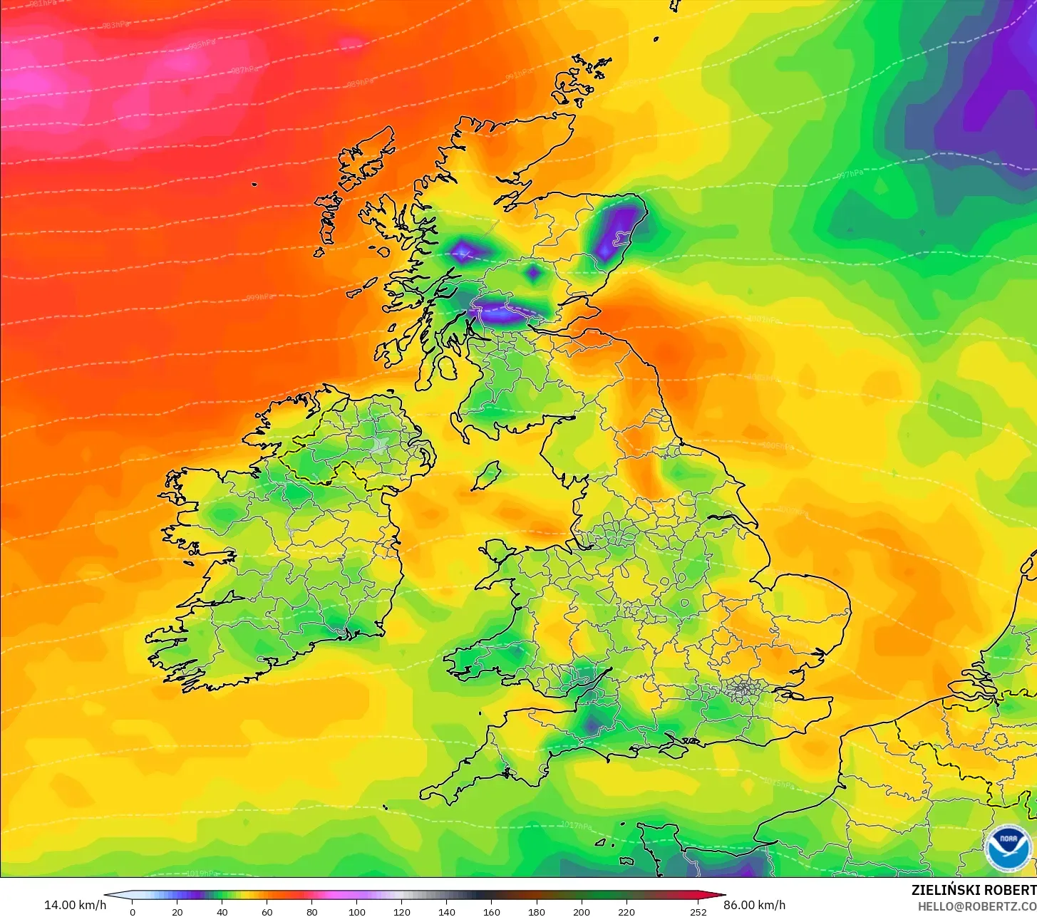 GFS modelo - Reino Unido, Rajadas de vento