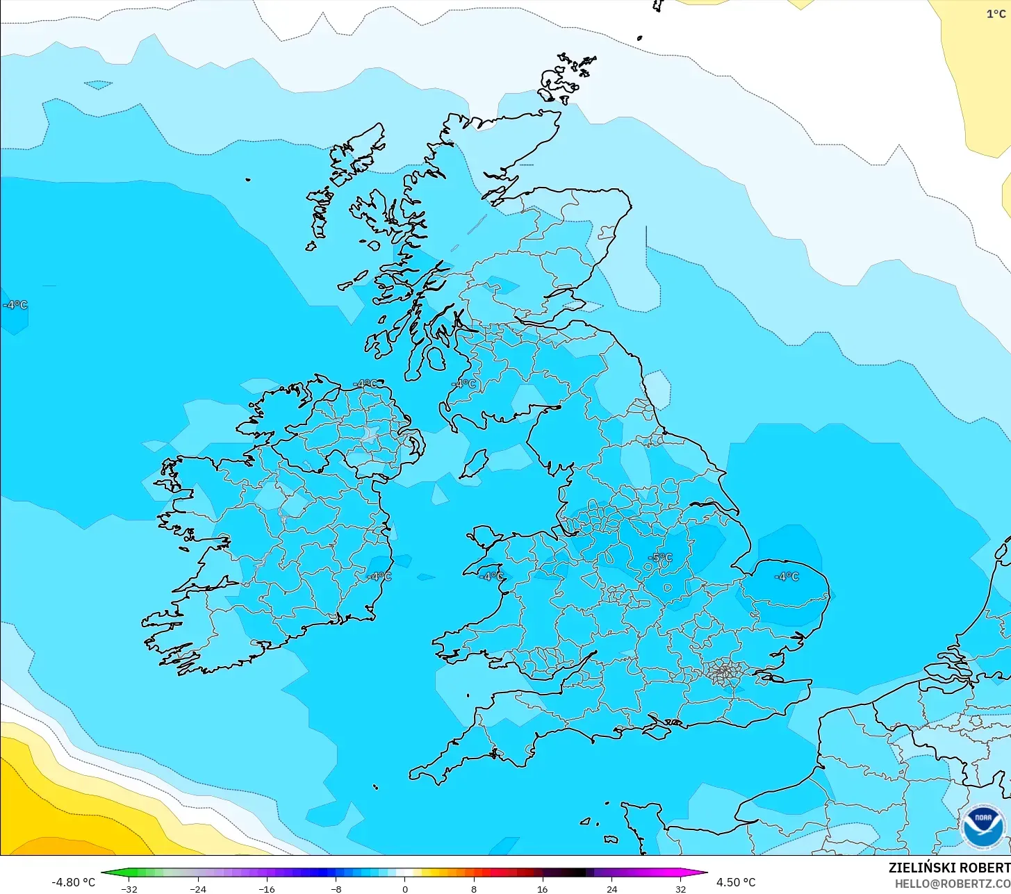 GFS modelo - Reino Unido, Anomalia de temperatura a 850 hPa