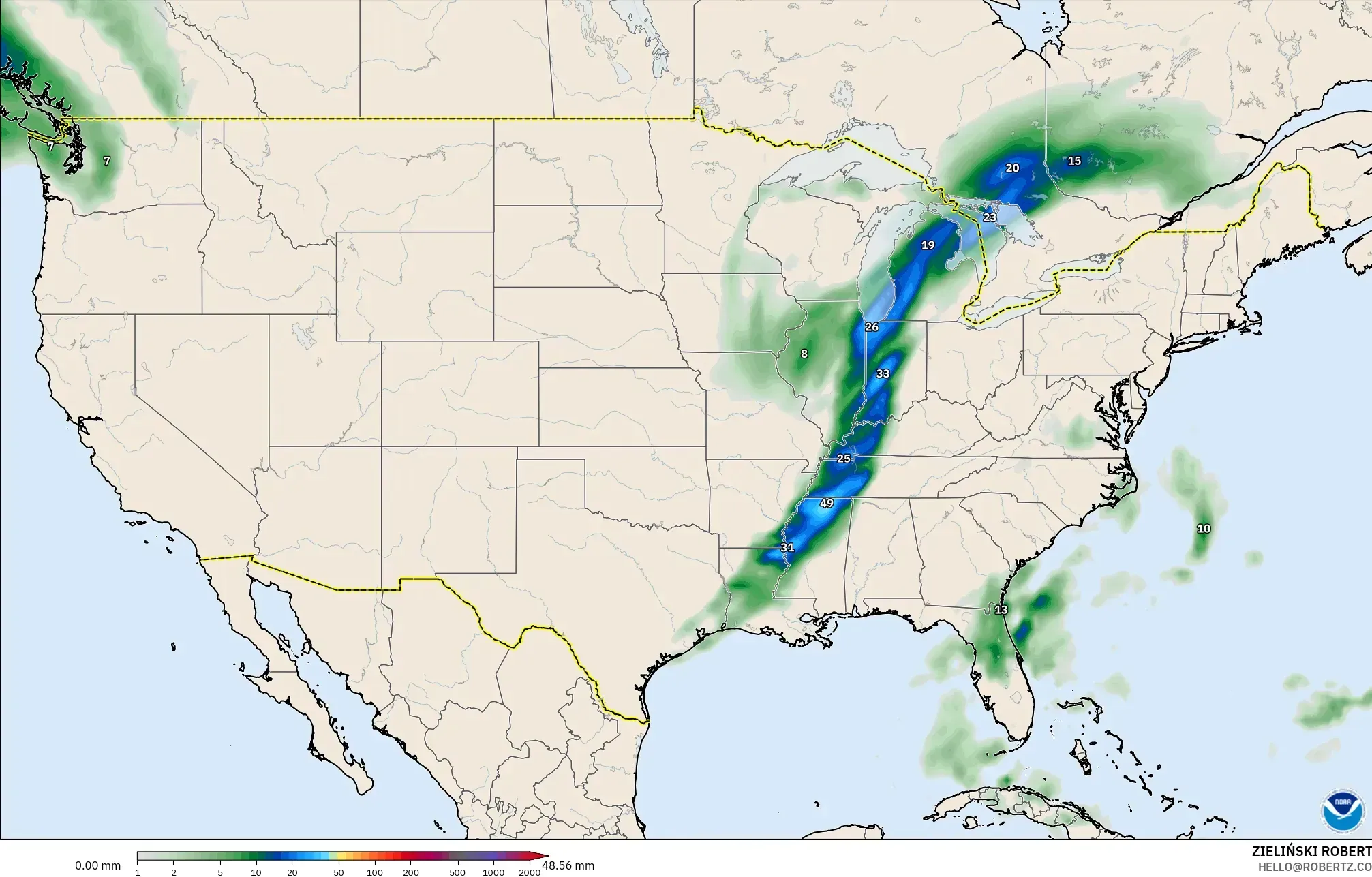 GFS modelo - Estados Unidos, Acúmulo de precipitação