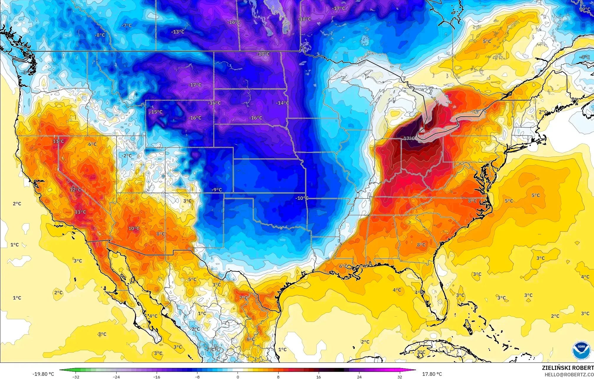 GFS modelo - Estados Unidos, Anomalia de temperatura a 2 m