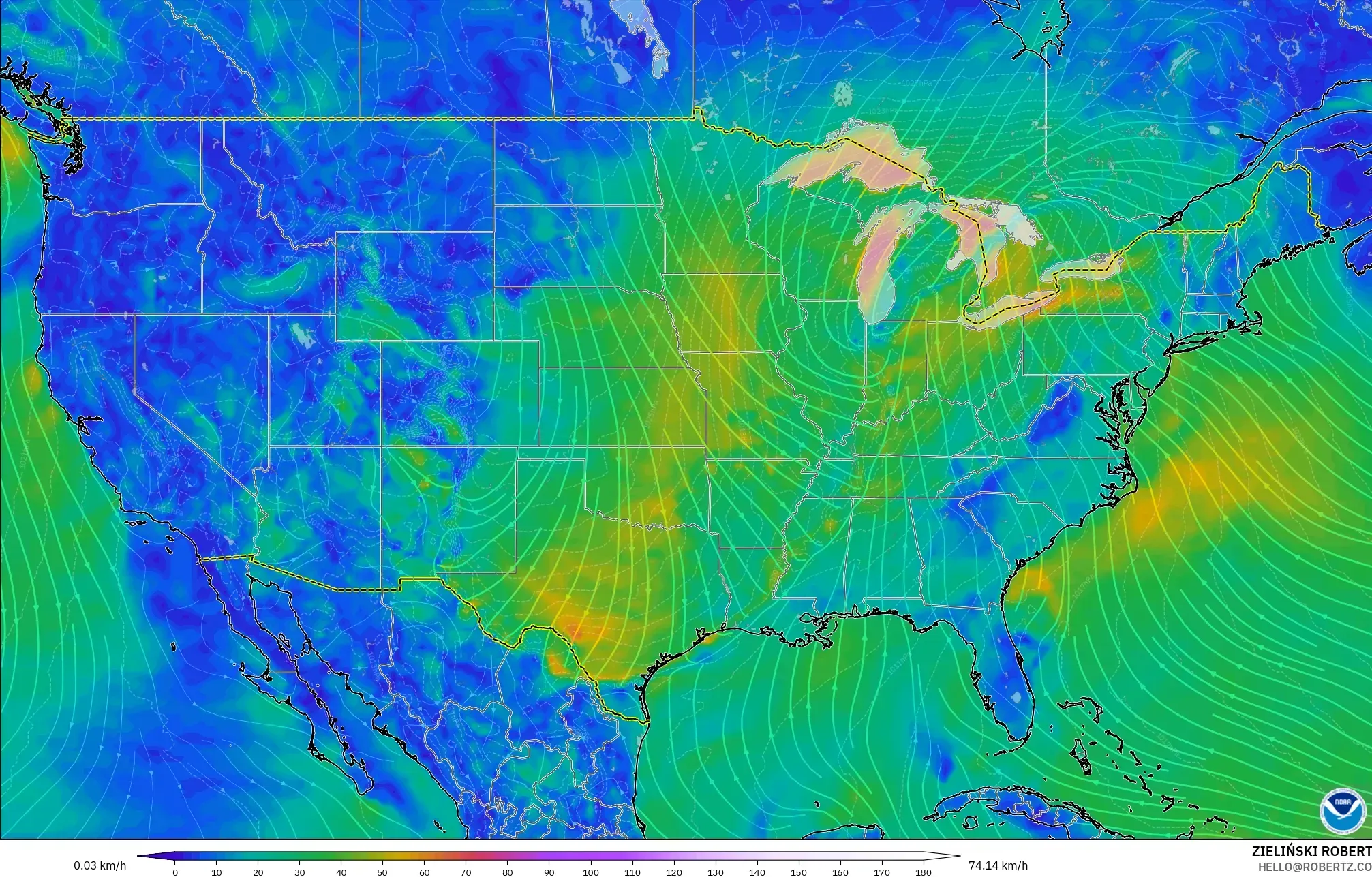 GFS modelo - Estados Unidos, Vento a 10 m