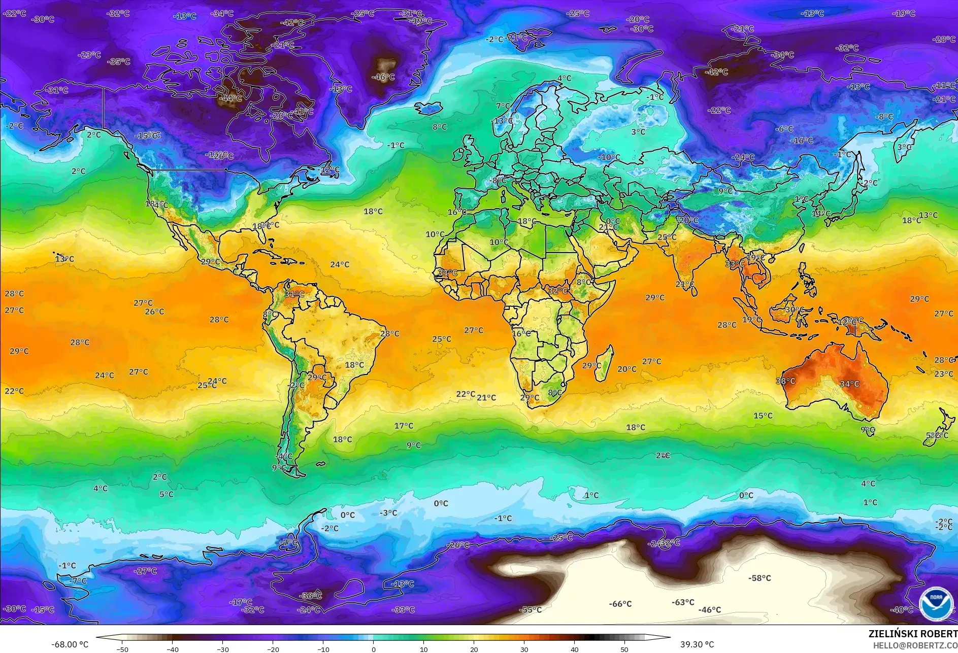 GFS modelo - Mundo, Temperatura a 2 m