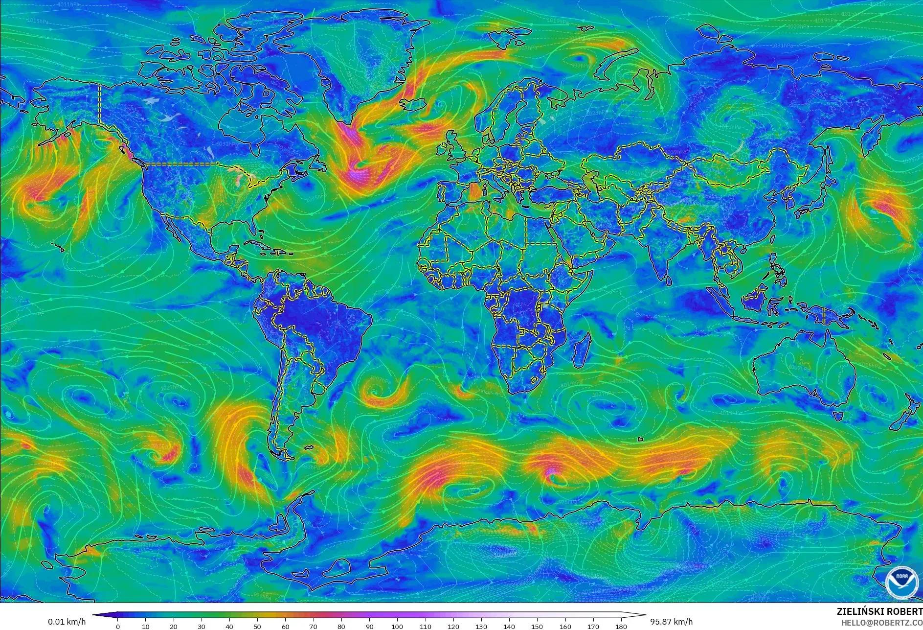 GFS modelo - Mundo, Vento a 10 m