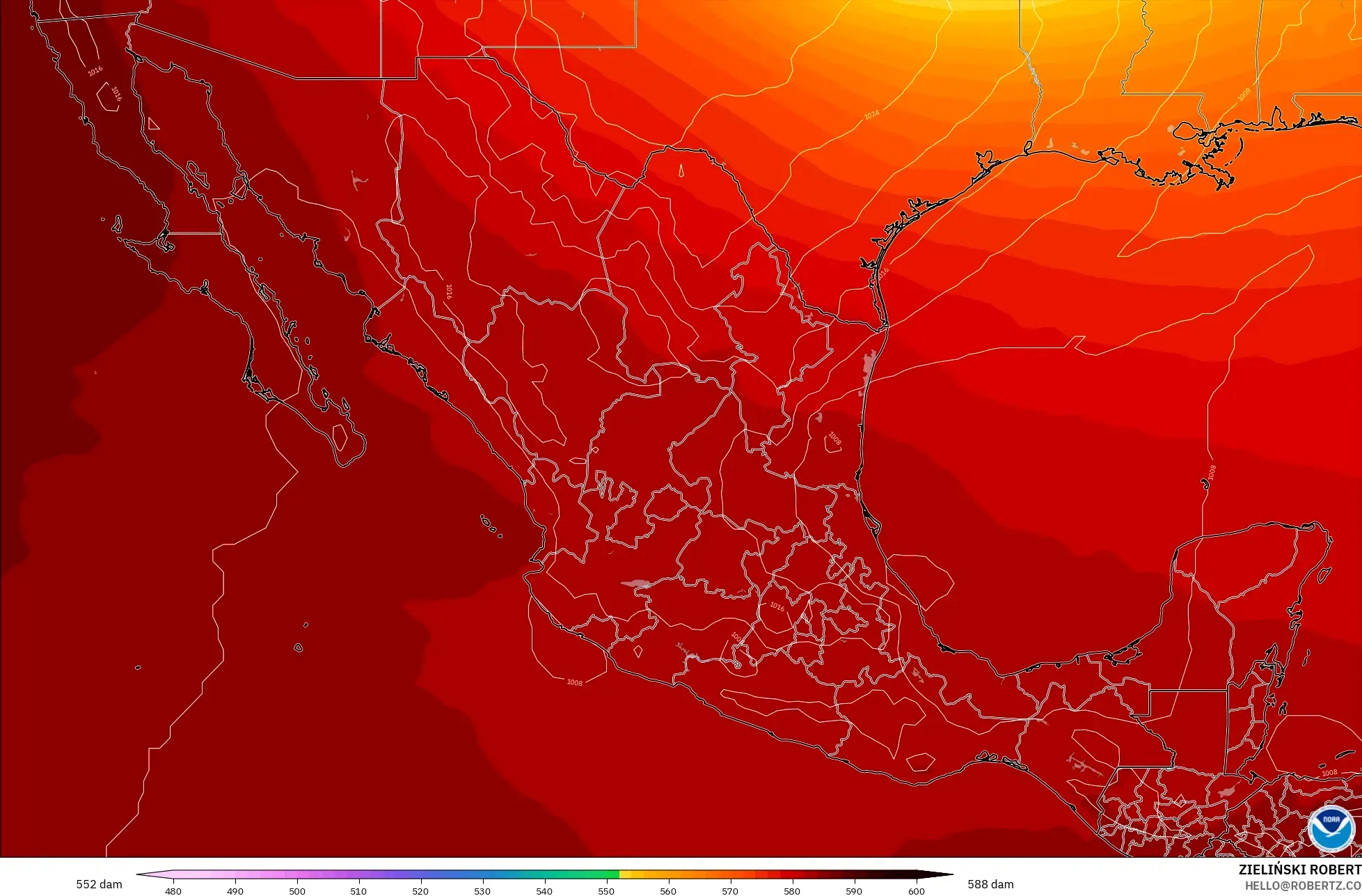 GFS modelo - México, Altura geopotencial a 500 hPa