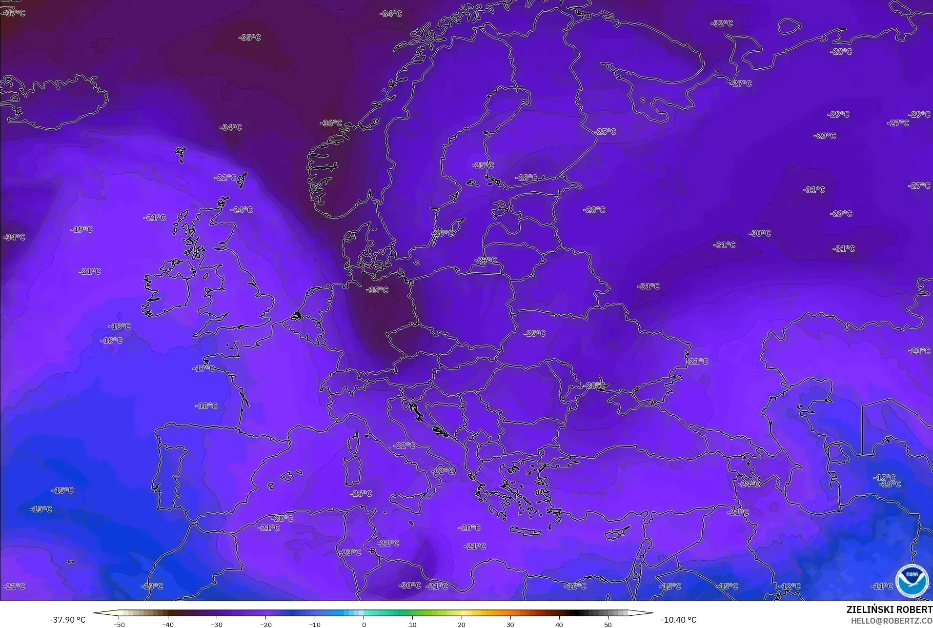 GFS modelo - Europa, Temperatura a 500 hPa
