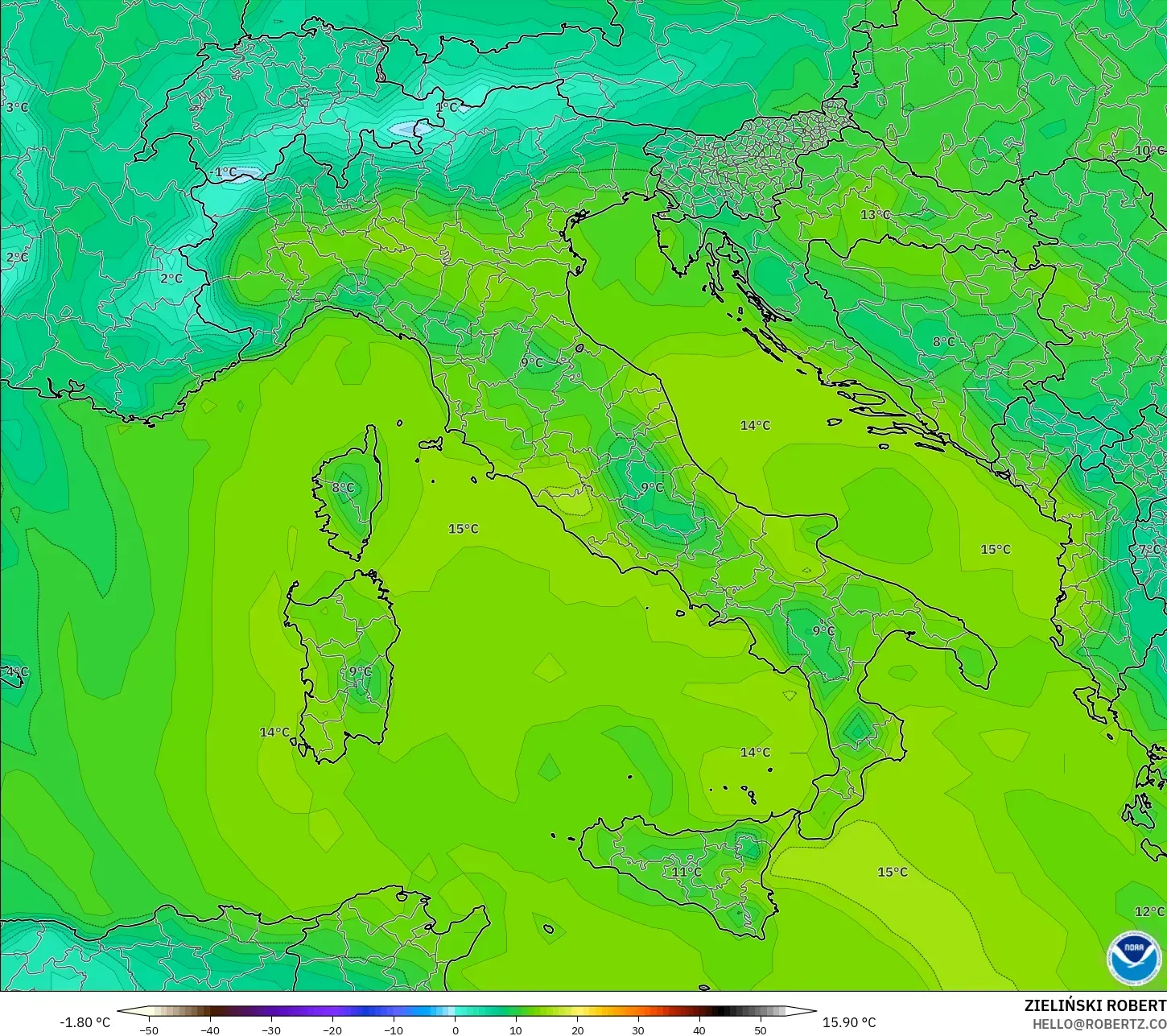 GFS modelo - Itália, Ponto de orvalho a 2 m