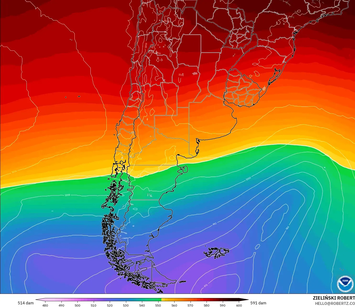 GFS modelo - Argentina, Altura geopotencial a 500 hPa