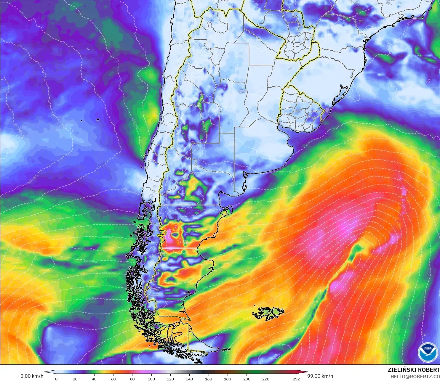 GFS modelo - Argentina, Rajadas de vento