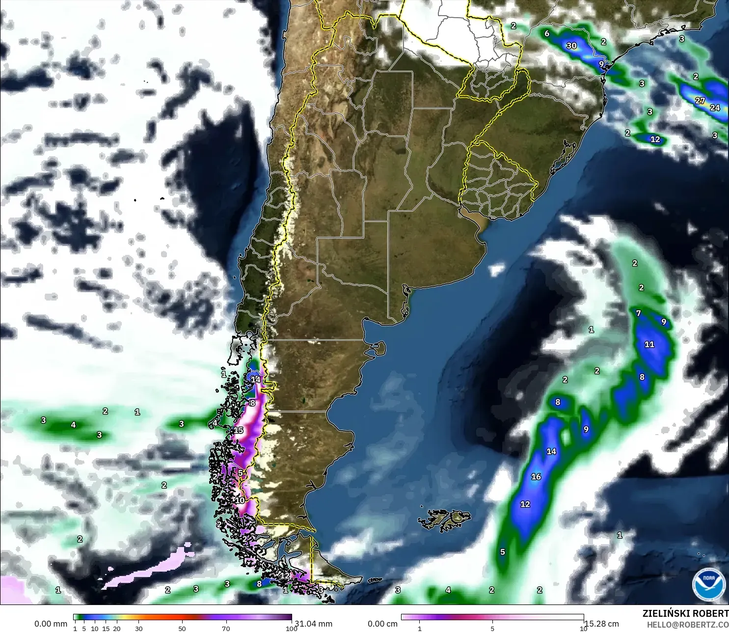 GFS modelo - Argentina, Precipitação, nuvens e pressão