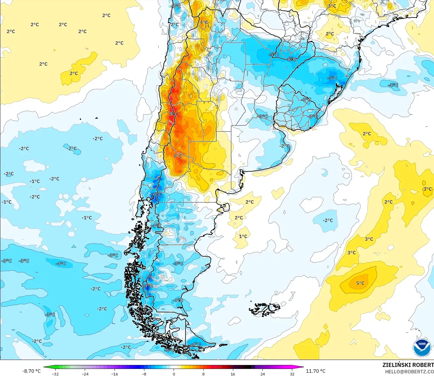 GFS modelo - Argentina, Anomalia de temperatura a 2 m