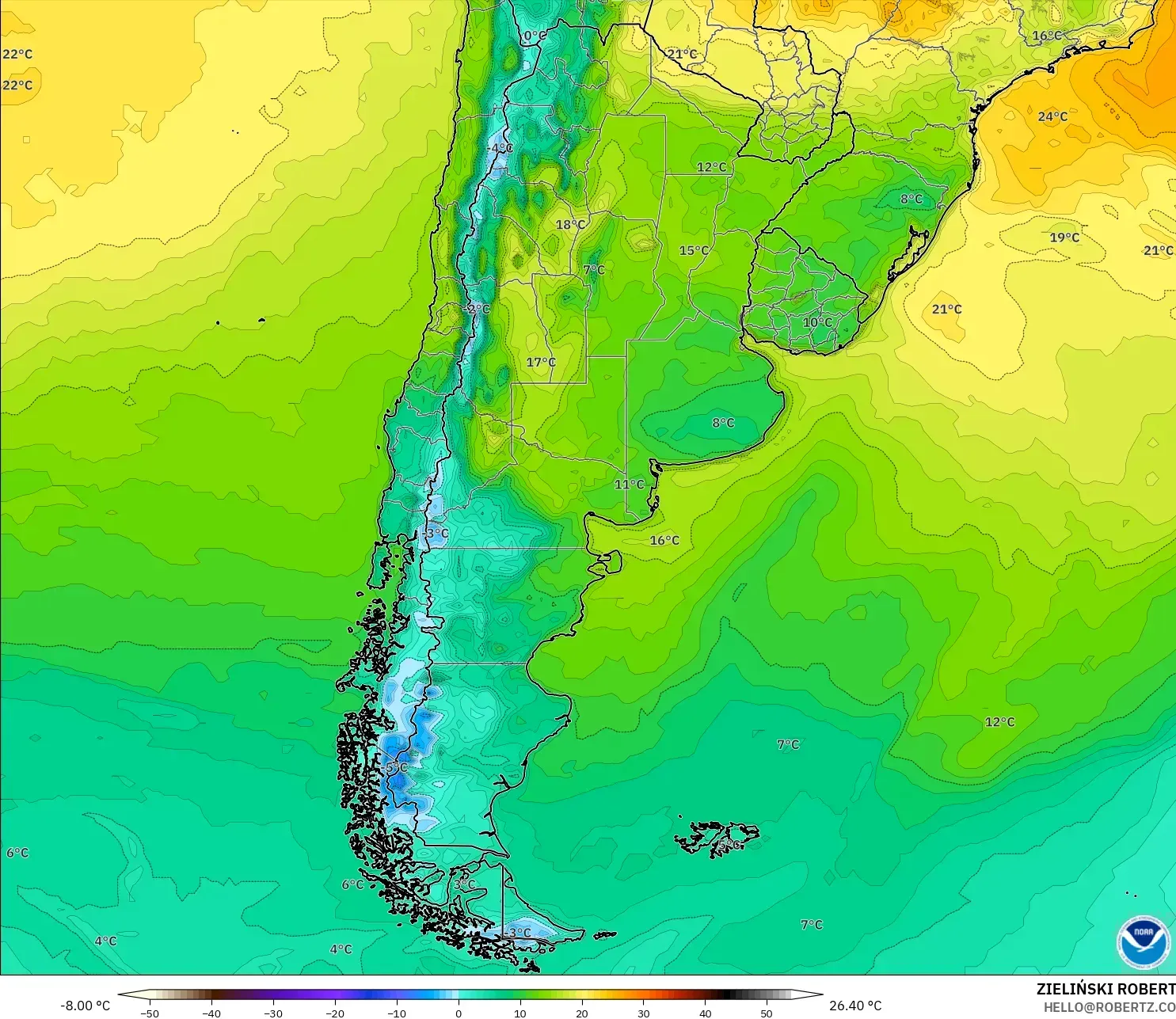 GFS modelo - Argentina, Temperatura a 2 m