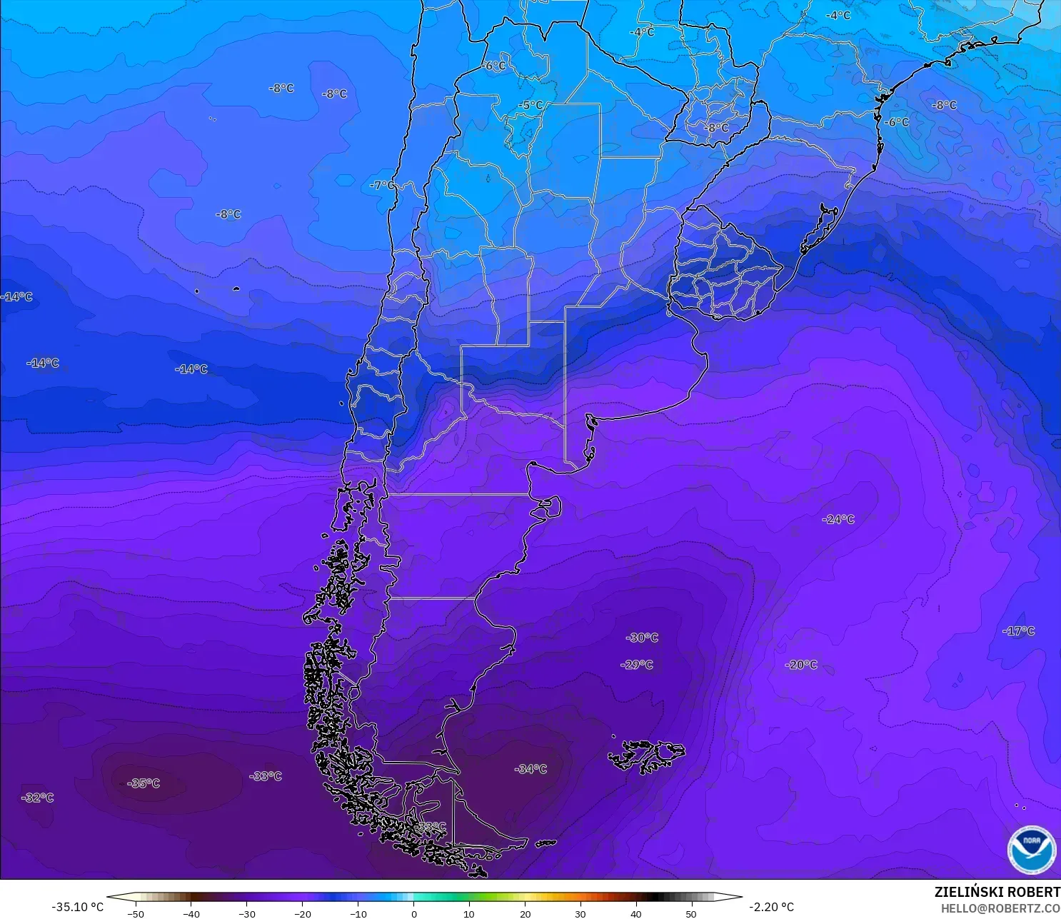 GFS modelo - Argentina, Temperatura a 500 hPa