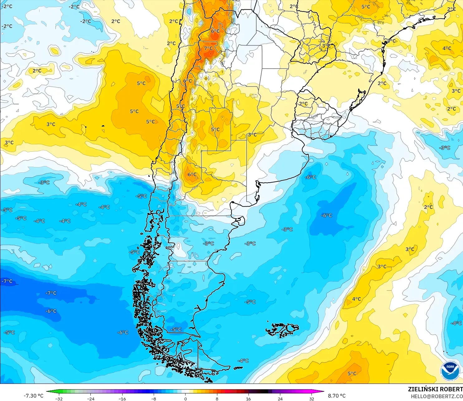 GFS modelo - Argentina, Anomalia de temperatura a 850 hPa