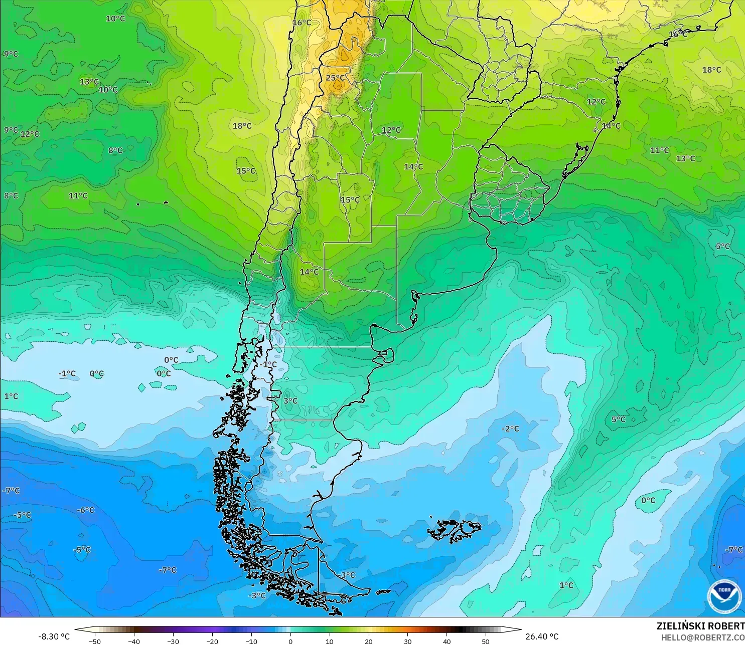 GFS modelo - Argentina, Temperatura a 850 hPa