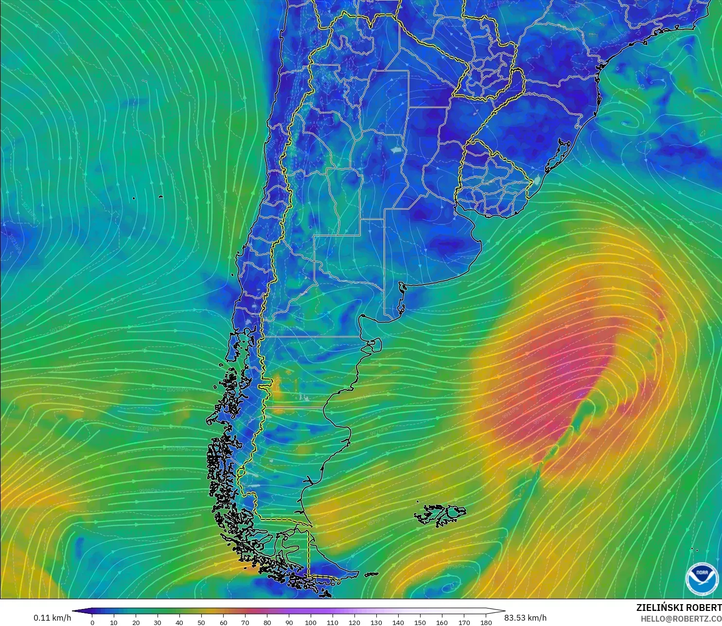 GFS modelo - Argentina, Vento a 10 m