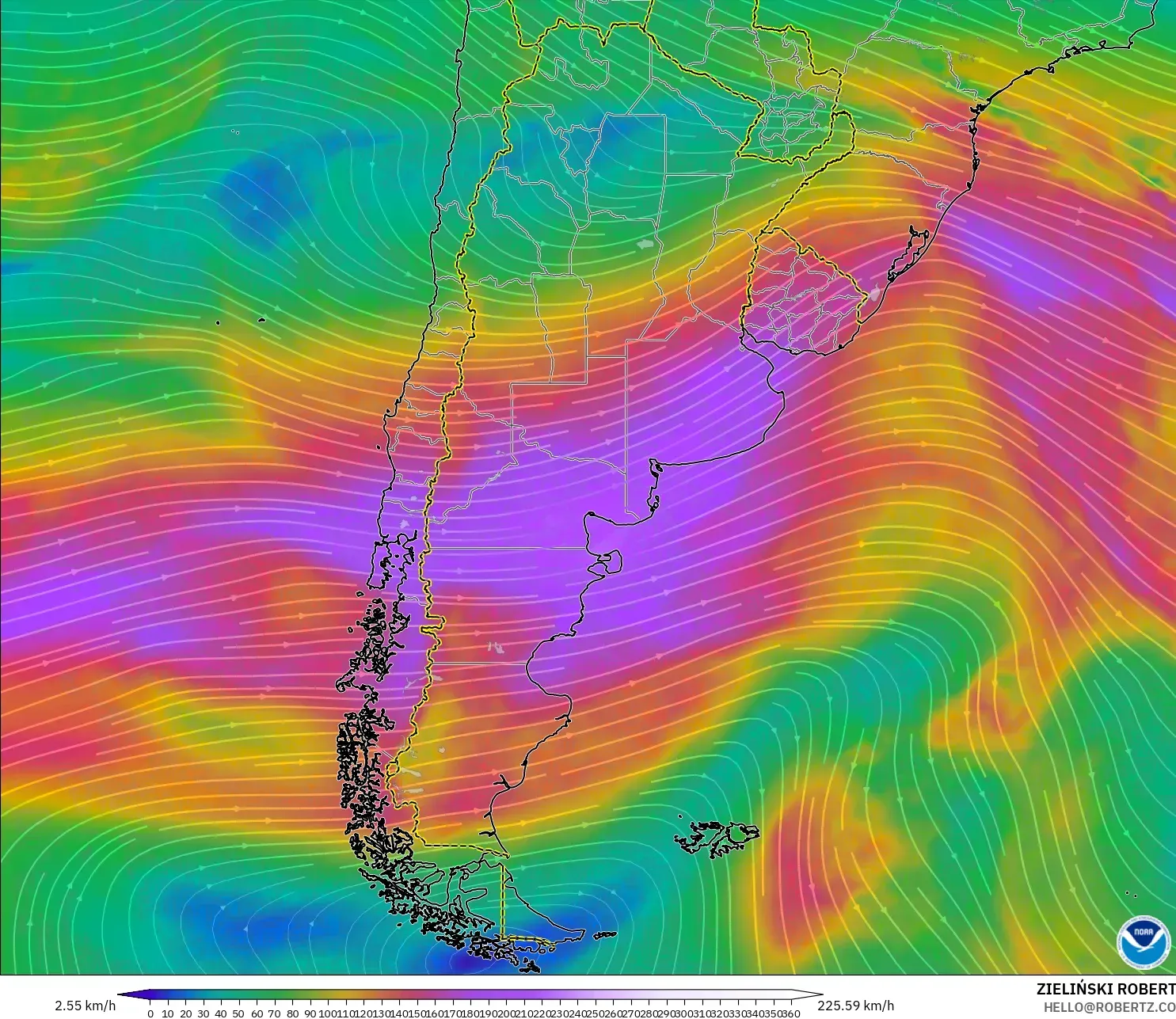 GFS modelo - Argentina, Vento a 300 hPa (corrente em jato)
