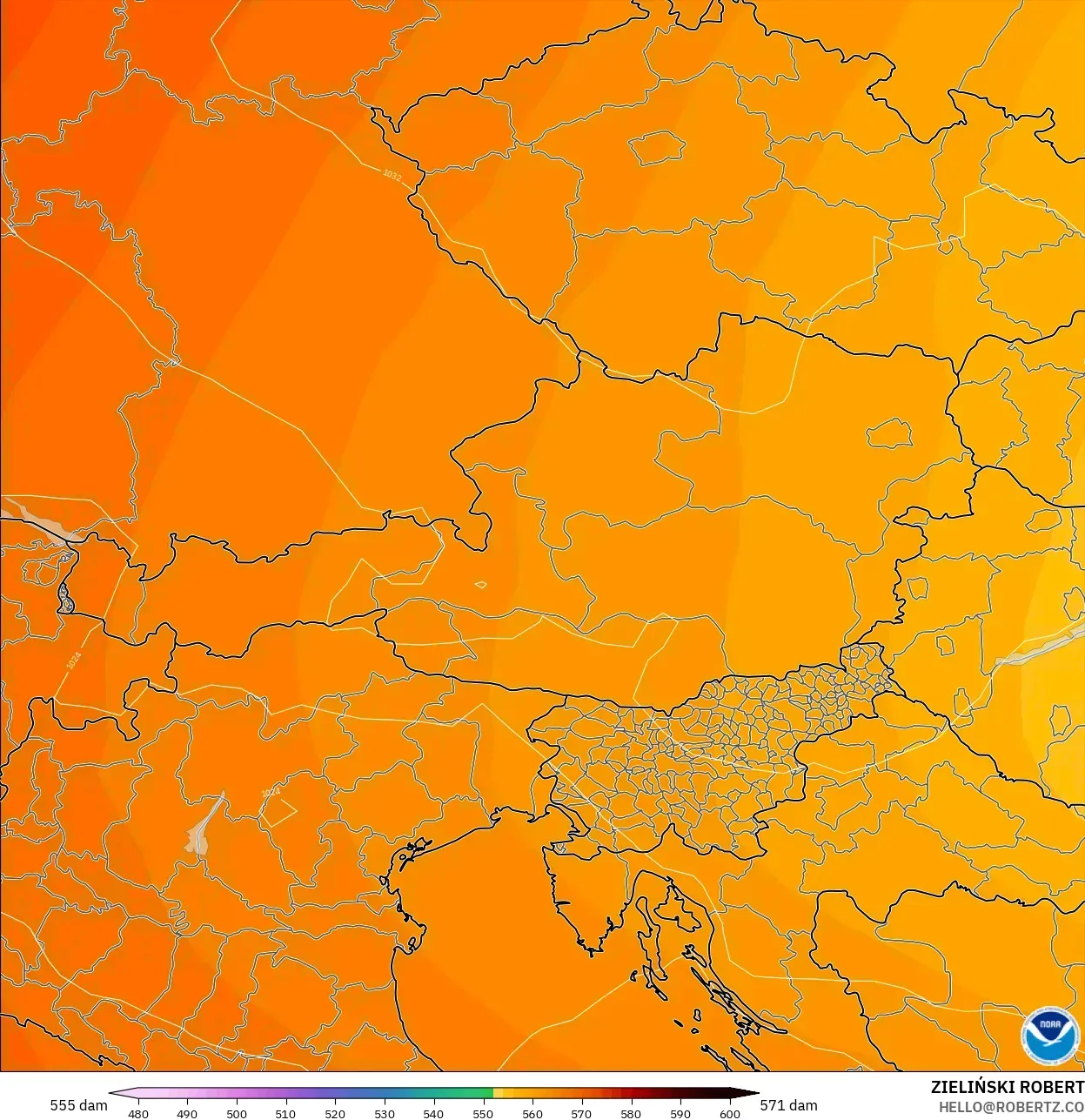 GFS modelo - Áustria, Altura geopotencial a 500 hPa