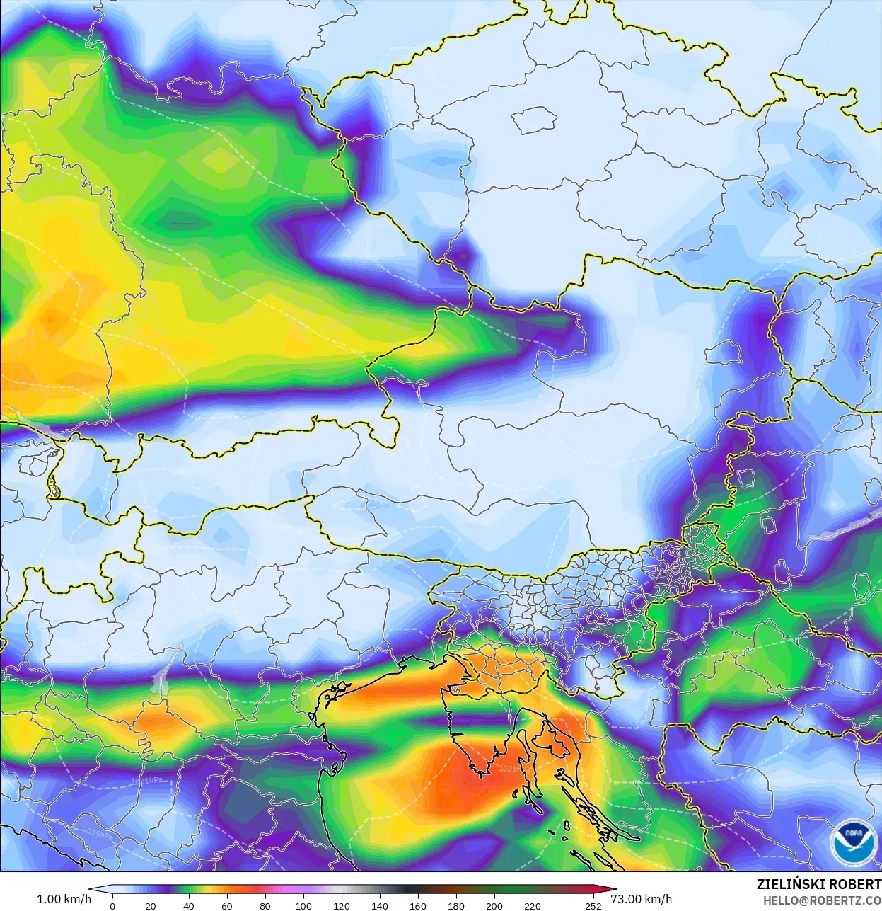 GFS modelo - Áustria, Rajadas de Vento Máximas