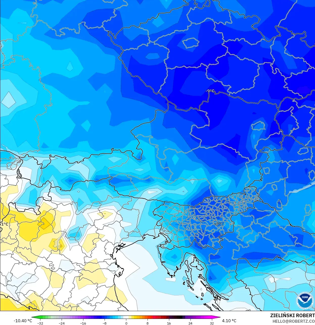 GFS modelo - Áustria, Anomalia de temperatura a 2 m